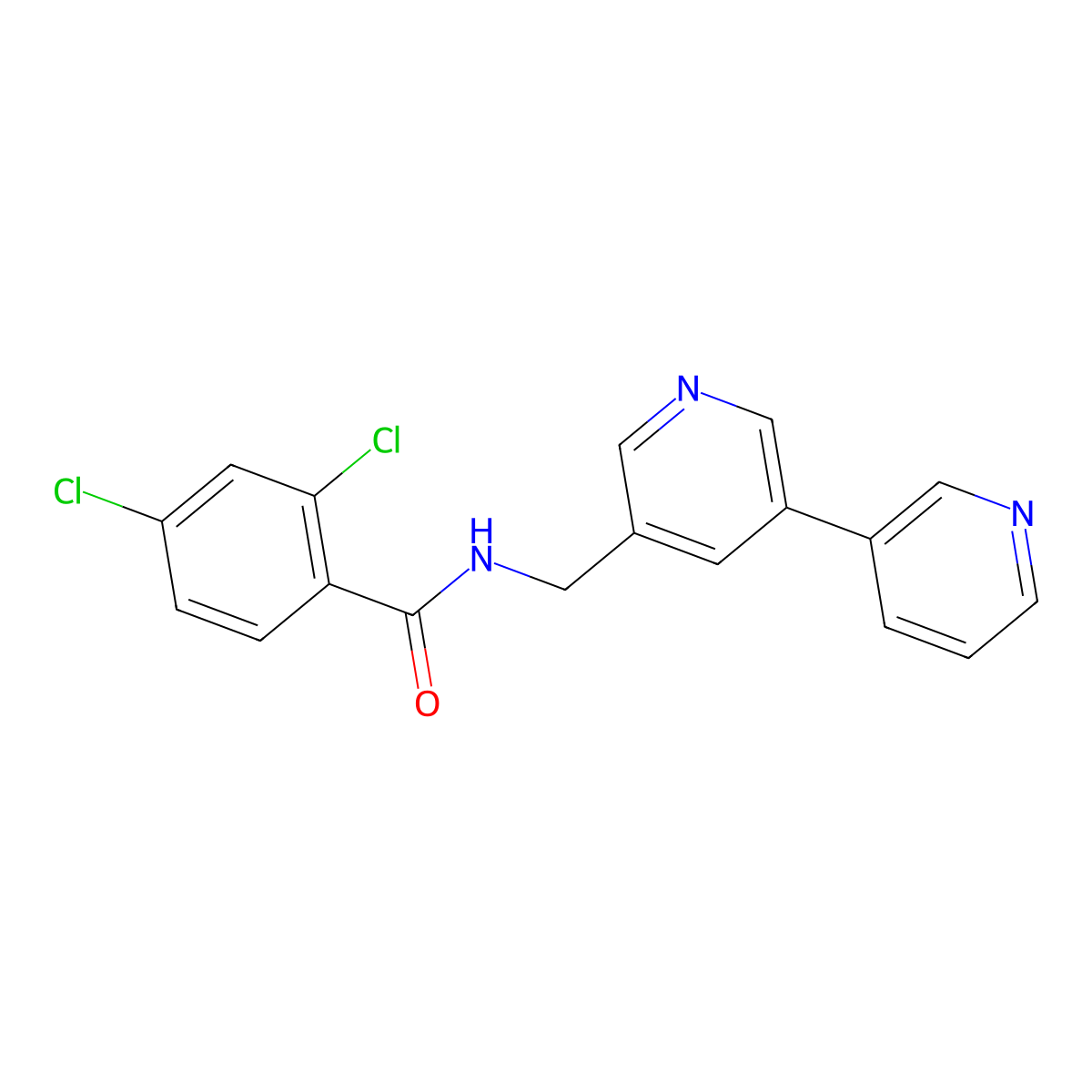 N-({[3,3'-bipyridine]-5-yl}methyl)-2,4-dichlorobenzamide molecular structure, CAS 2178772-91-1