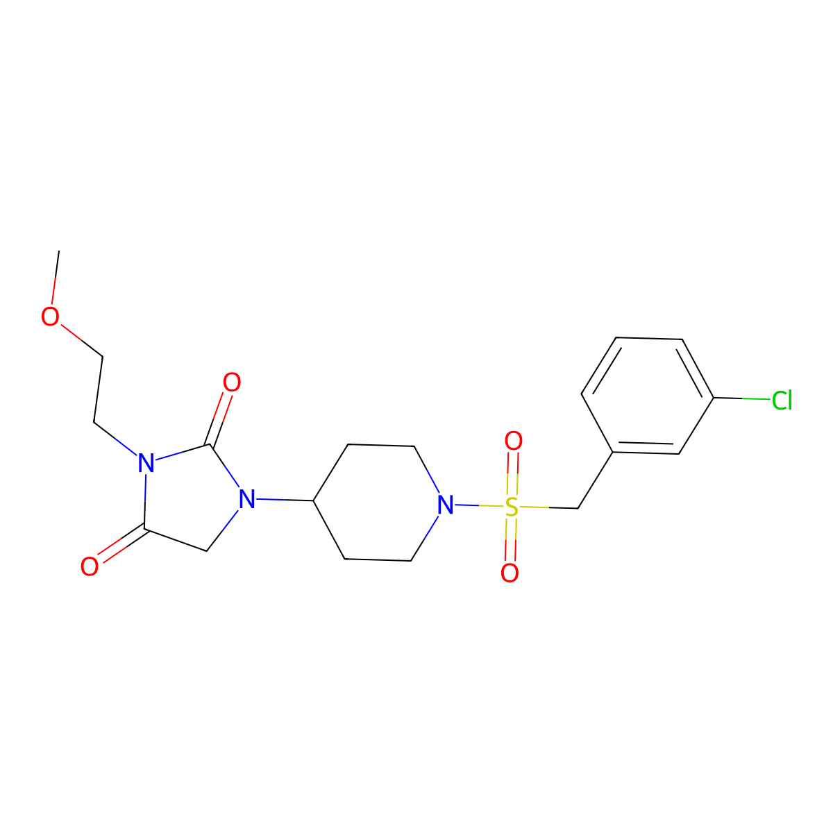 1-(1-((3-Chlorobenzyl)sulfonyl)piperidin-4-yl)-3-(2-methoxyethyl)imidazolidine-2,4-dione molecular structure, CAS 2178773-06-1