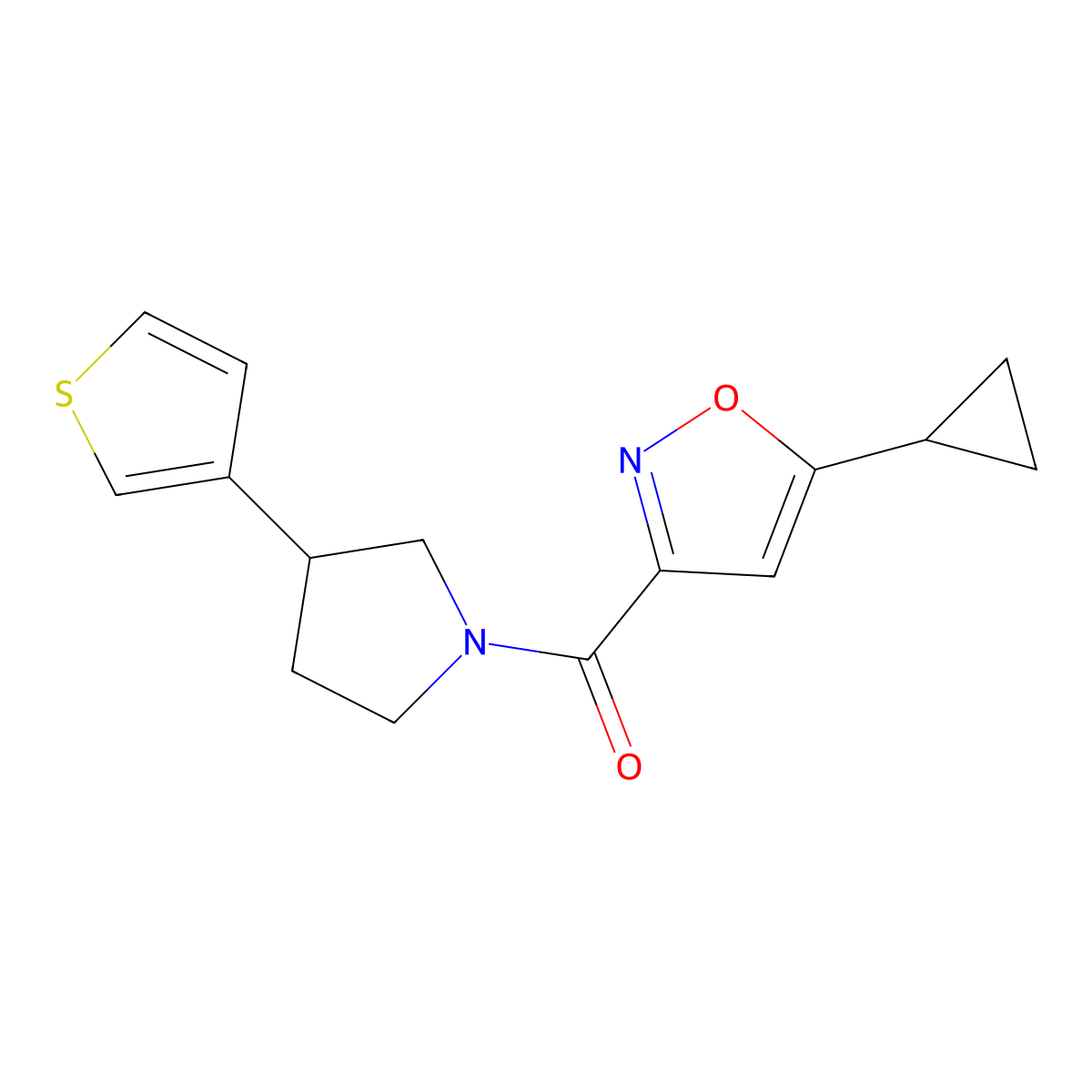 5-Cyclopropyl-3-[3-(thiophen-3-yl)pyrrolidine-1-carbonyl]-1,2-oxazole molecular structure, CAS 2178773-10-7