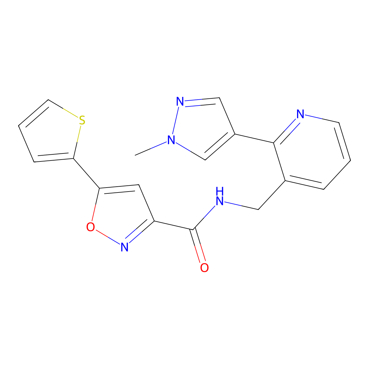 N-((2-(1-methyl-1H-pyrazol-4-yl)pyridin-3-yl)methyl)-5-(thiophen-2-yl)isoxazole-3-carboxamide molecular structure, CAS 2178773-87-8