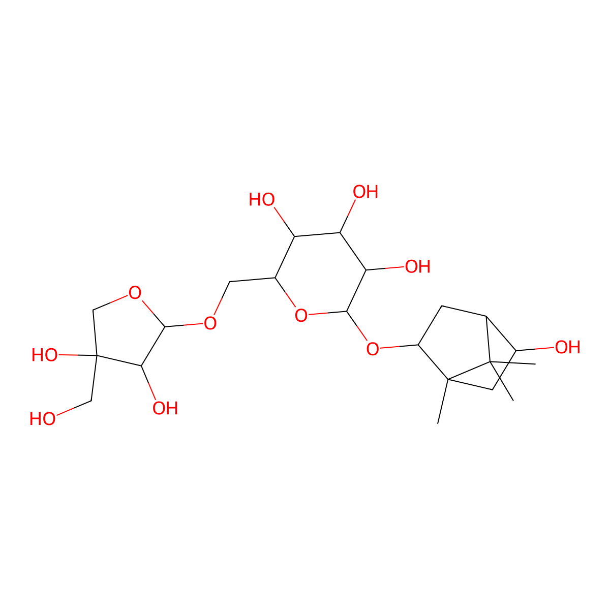 NCGC00384975-01_C21H36O11_beta-D-Glucopyranoside, (1R,2S,4R,5R)-5-hydroxy-1,7,7-trimethylbicyclo[2.2.1]hept-2-yl 6-O-[(2R,3R,4R)-tetrahydro-3,4-dihydroxy-4-(hydroxymethyl)-2-furanyl]- molecular structure, CAS 217969-13-6