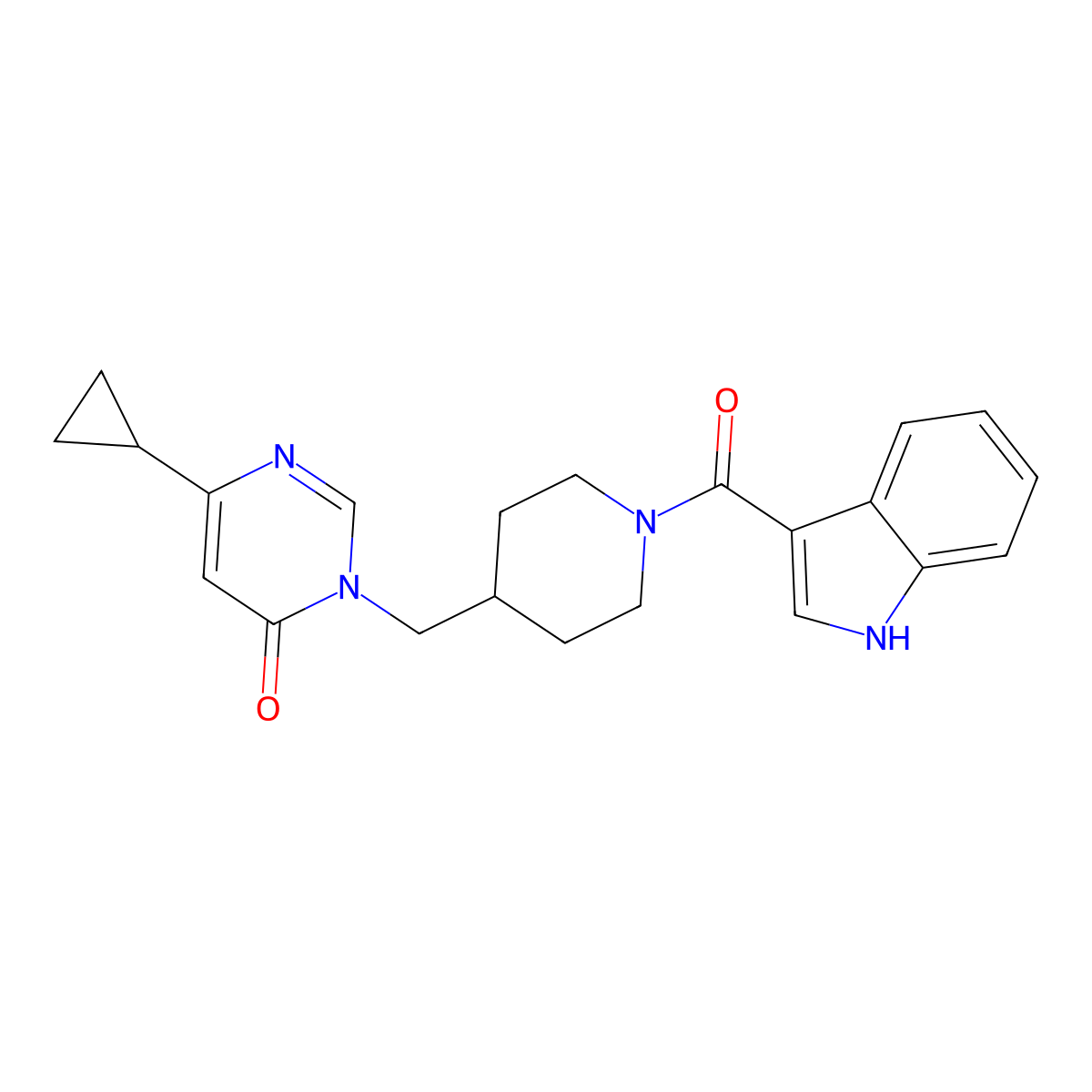 6-cyclopropyl-3-{[1-(1H-indole-3-carbonyl)piperidin-4-yl]methyl}-3,4-dihydropyrimidin-4-one molecular structure, CAS 2180010-24-4