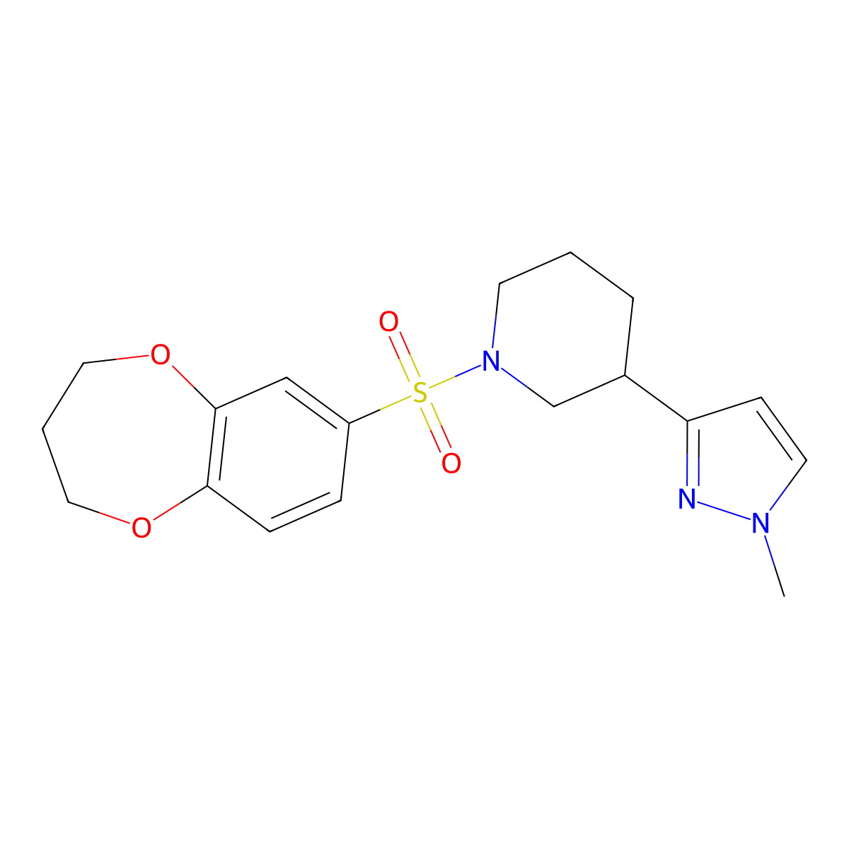 1-(3,4-dihydro-2H-1,5-benzodioxepine-7-sulfonyl)-3-(1-methyl-1H-pyrazol-3-yl)piperidine molecular structure, CAS 2180010-28-8