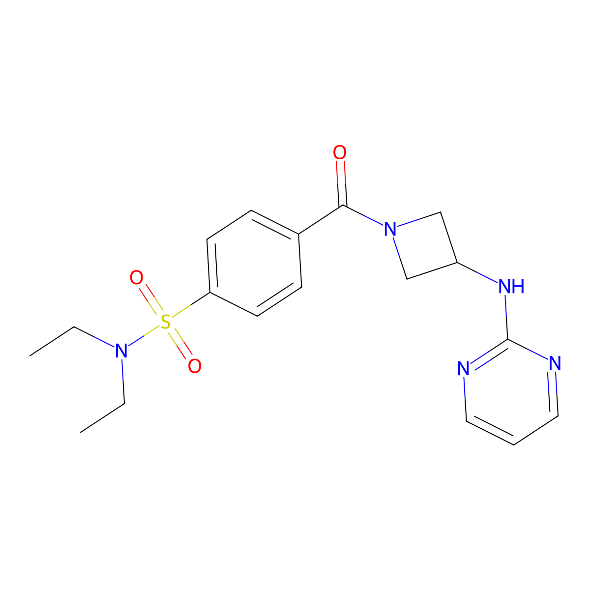 N,N-diethyl-4-(3-(pyrimidin-2-ylamino)azetidine-1-carbonyl)benzenesulfonamide molecular structure, CAS 2180010-32-4