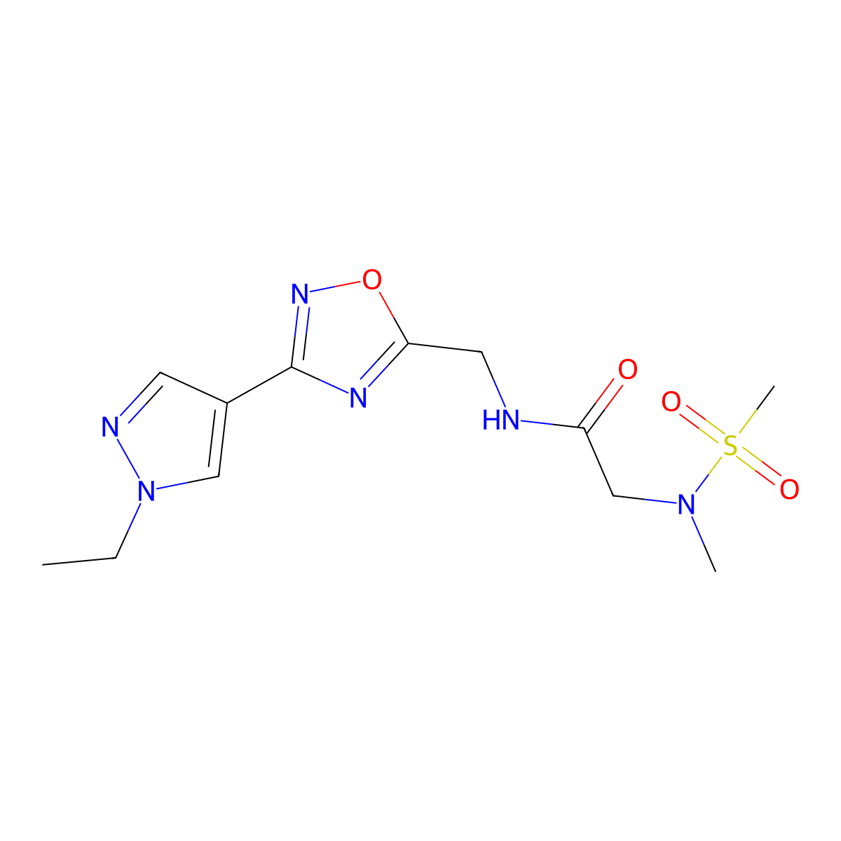 N-{[3-(1-ethyl-1H-pyrazol-4-yl)-1,2,4-oxadiazol-5-yl]methyl}-2-(N-methylmethanesulfonamido)acetamide molecular structure, CAS 2180010-54-0