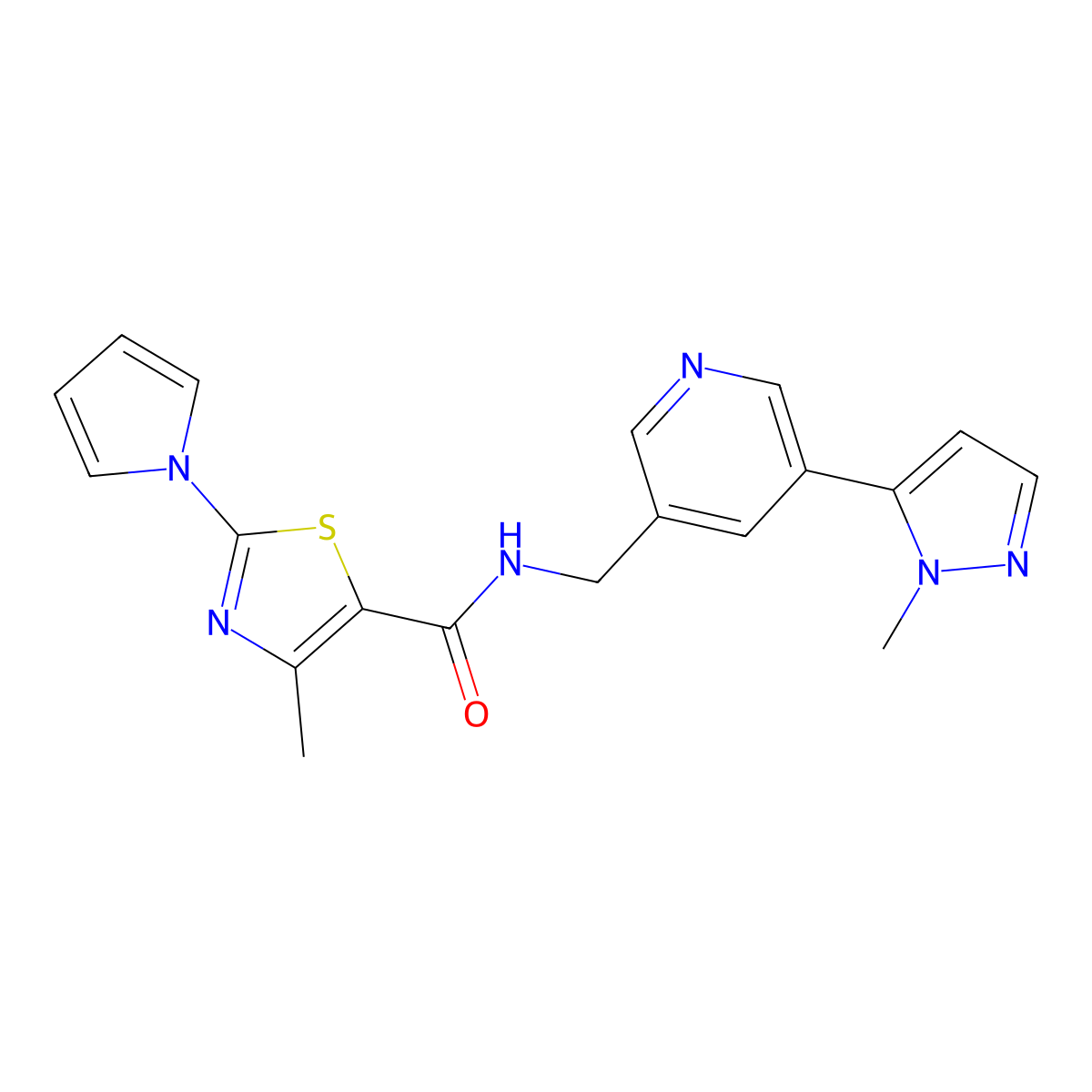 4-methyl-N-((5-(1-methyl-1H-pyrazol-5-yl)pyridin-3-yl)methyl)-2-(1H-pyrrol-1-yl)thiazole-5-carboxamide molecular structure, CAS 2180010-60-8