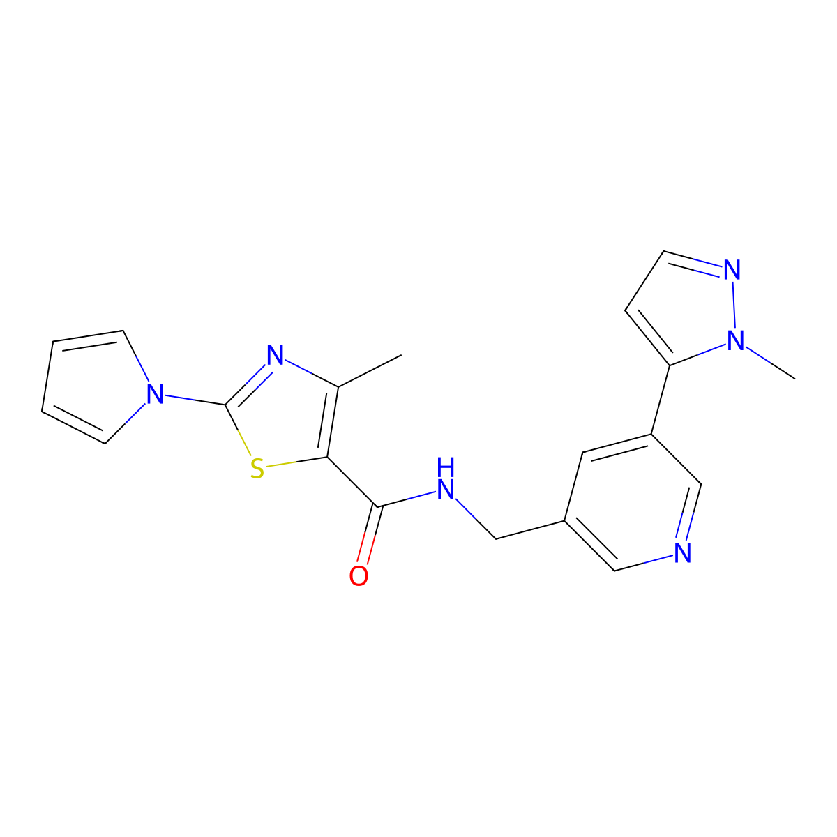 4-methyl-N-((5-(1-methyl-1H-pyrazol-5-yl)pyridin-3-yl)methyl)-2-(1H-pyrrol-1-yl)thiazole-5-carboxamide molecular structure, CAS 2180010-60-8
