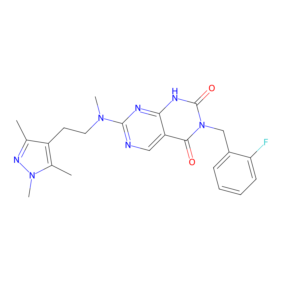 3-(2-fluorobenzyl)-7-(methyl(2-(1,3,5-trimethyl-1H-pyrazol-4-yl)ethyl)amino)pyrimido[4,5-d]pyrimidine-2,4(1H,3H)-dione molecular structure, CAS 2180010-65-3