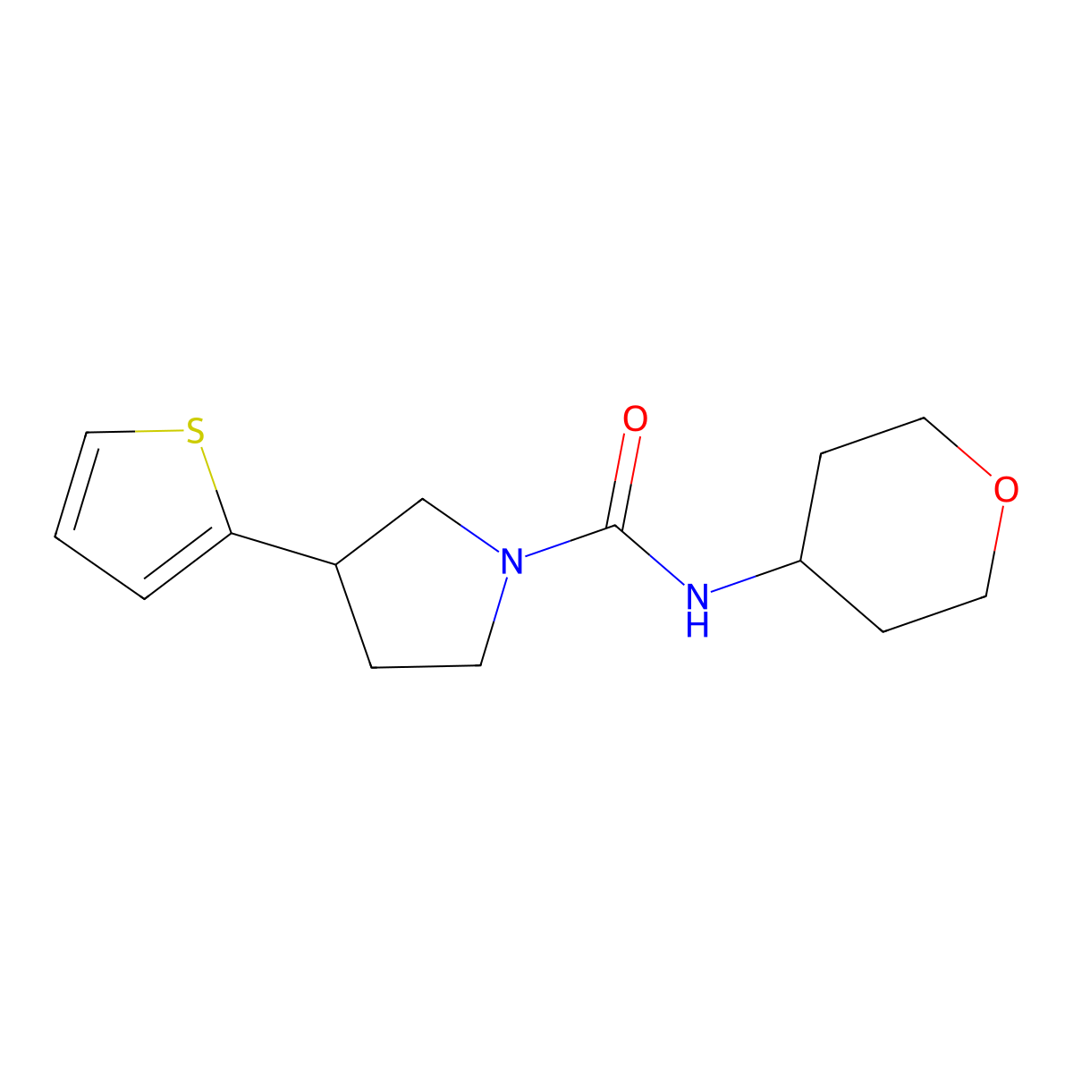 N-(oxan-4-yl)-3-(thiophen-2-yl)pyrrolidine-1-carboxamide molecular structure, CAS 2180010-70-0