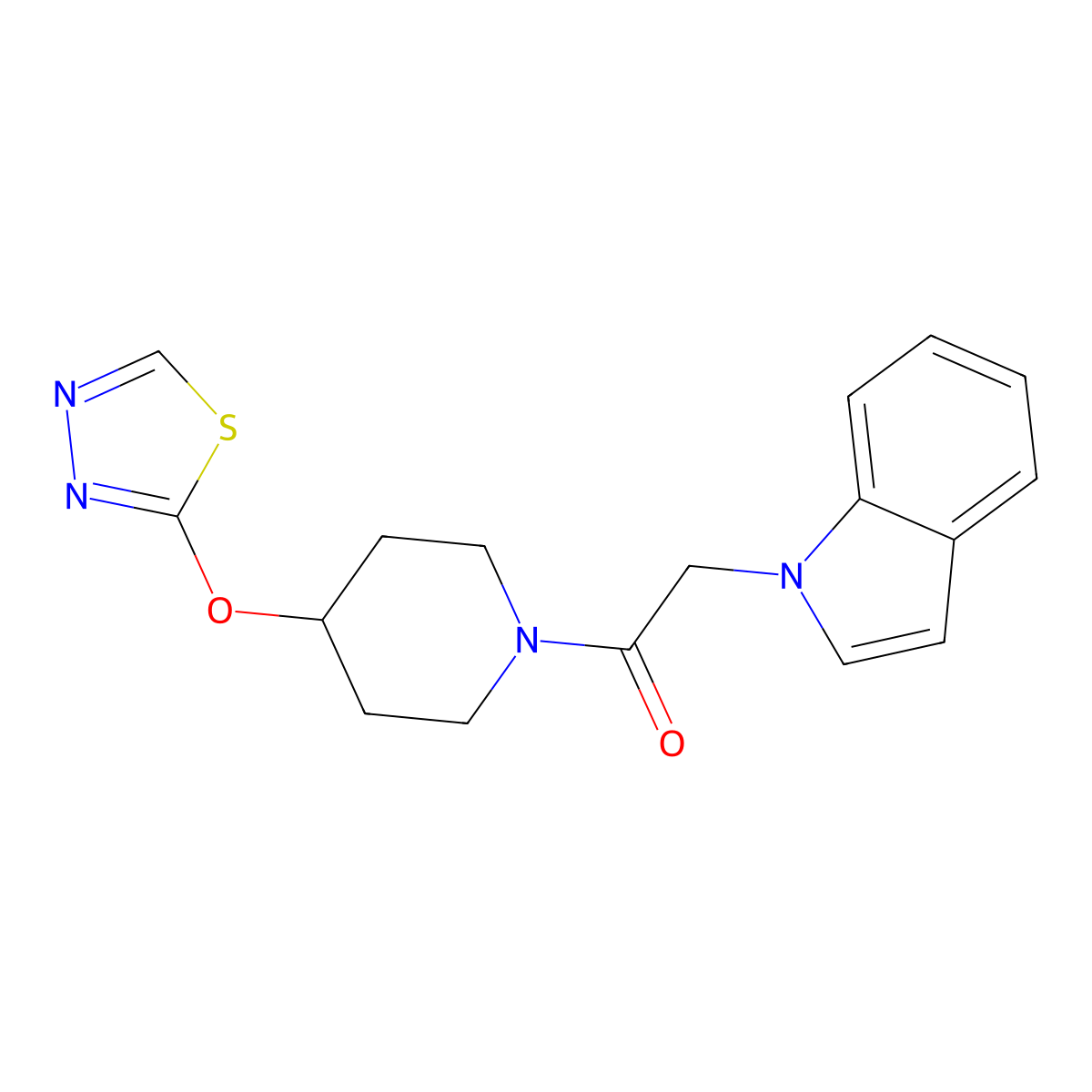 2-(1H-indol-1-yl)-1-[4-(1,3,4-thiadiazol-2-yloxy)piperidin-1-yl]ethan-1-one molecular structure, CAS 2180010-73-3