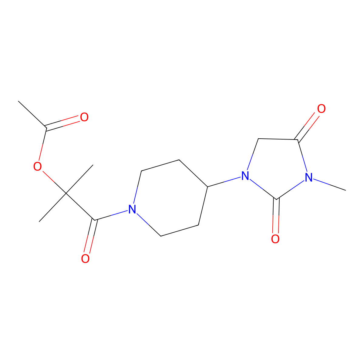 2-Methyl-1-(4-(3-methyl-2,4-dioxoimidazolidin-1-yl)piperidin-1-yl)-1-oxopropan-2-yl acetate molecular structure, CAS 2180010-82-4