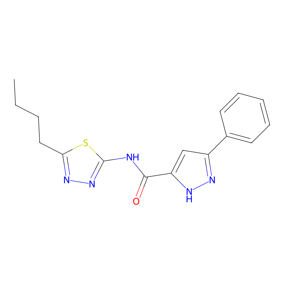 N-(5-butyl-1,3,4-thiadiazol-2-yl)-3-phenyl-1H-pyrazole-5-carboxamide molecular structure, CAS 2180374-85-8