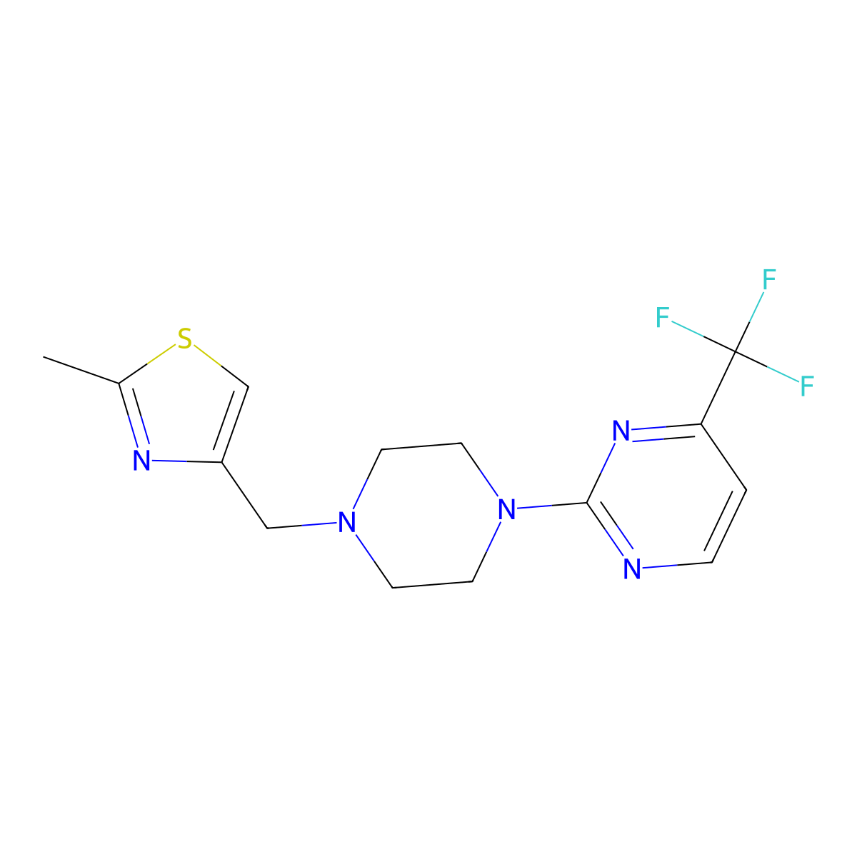 2-{4-[(2-Methyl-1,3-thiazol-4-yl)methyl]piperazin-1-yl}-4-(trifluoromethyl)pyrimidine molecular structure, CAS 2180434-06-2