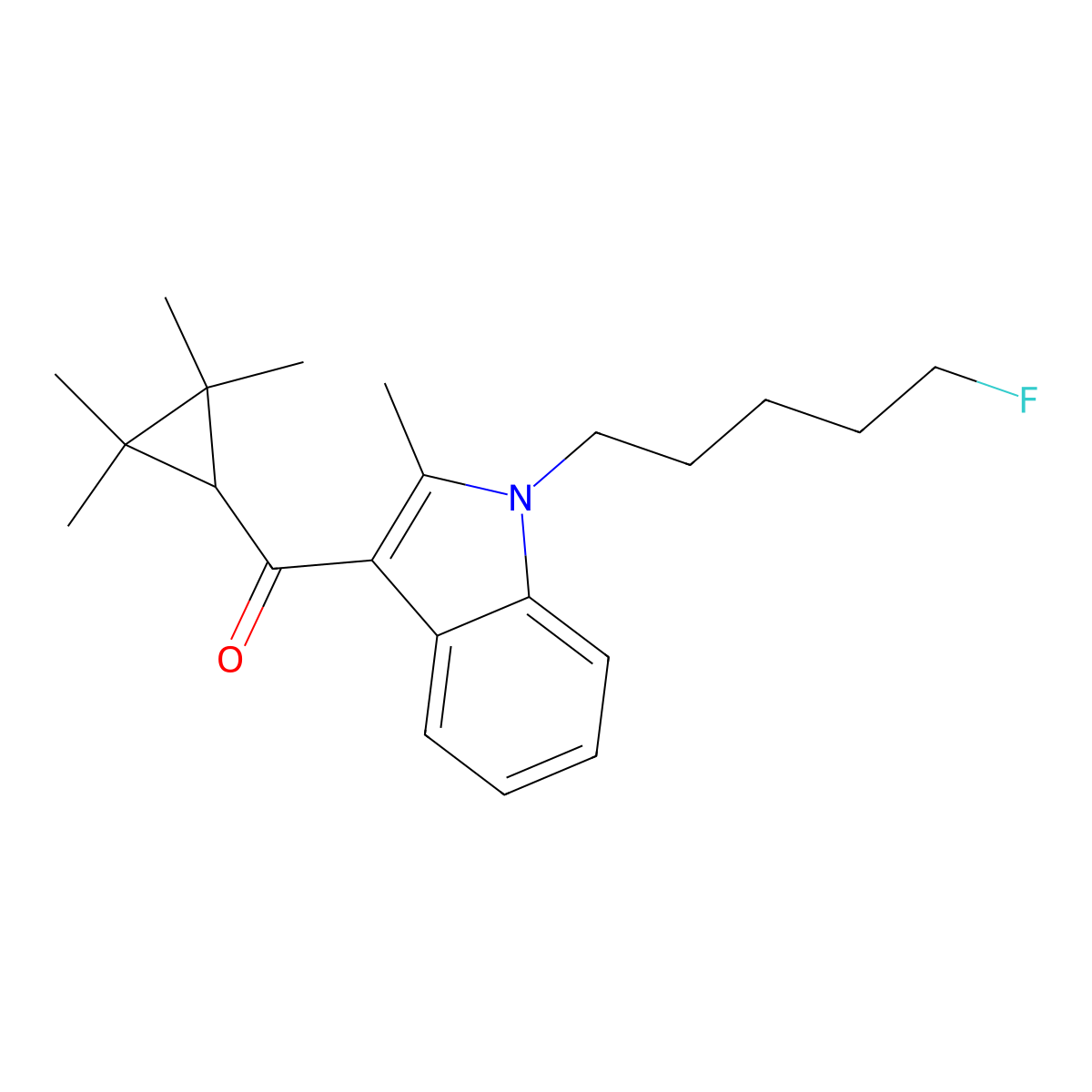 (1-(5-fluoropentyl)-2-methyl-1H-indol-3-yl)(2,2,3,3-tetramethylcyclopropyl)methanone molecular structure, CAS 2180924-19-8