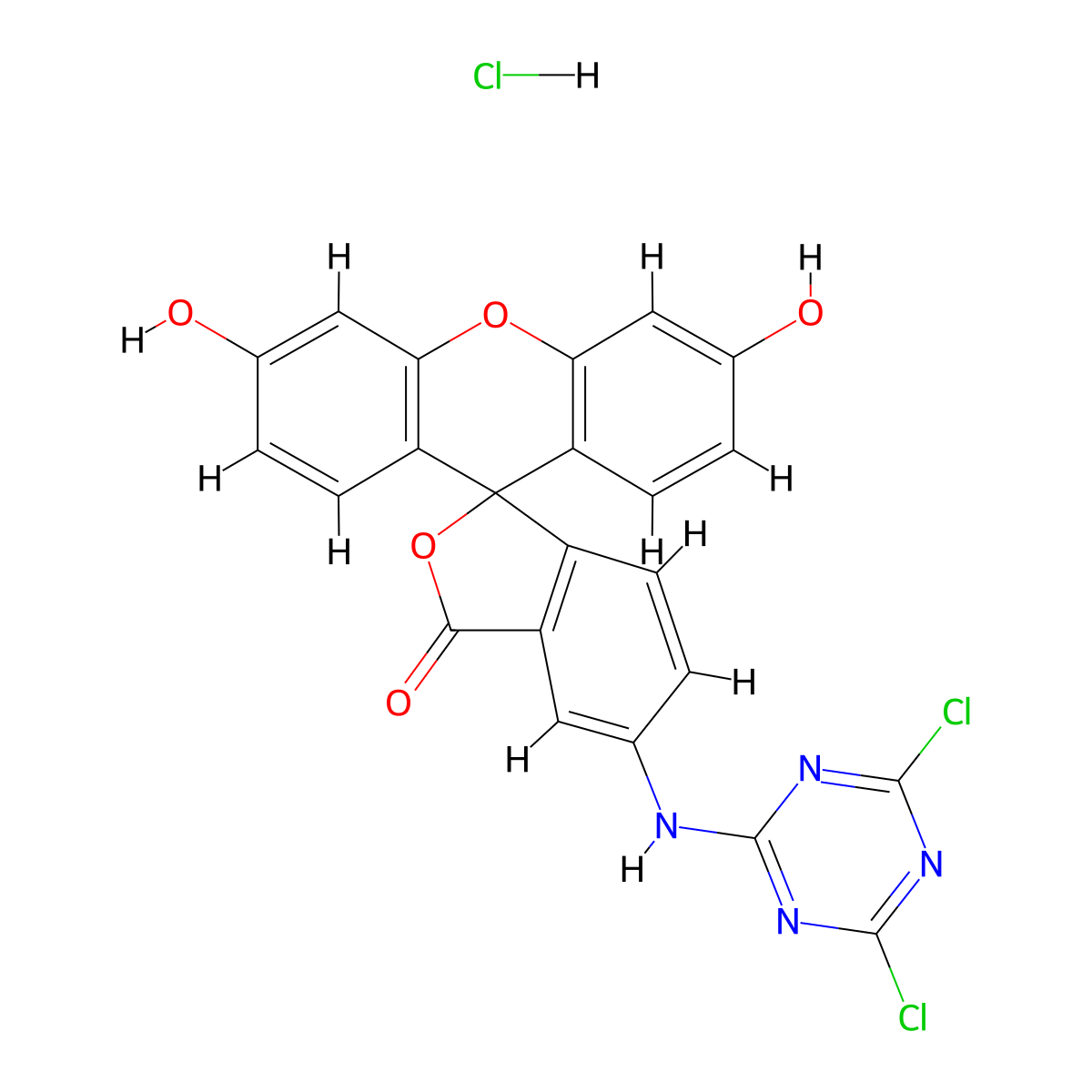 Spiro(isobenzofuran-1(3H),9'-(9H)xanthen)-3-one, 5-((4,6-dichloro-1,3,5-triazin-2-yl)amino)-3',6'-dihydroxy-, hydrochloride (1:1) molecular structure, CAS 21811-74-5