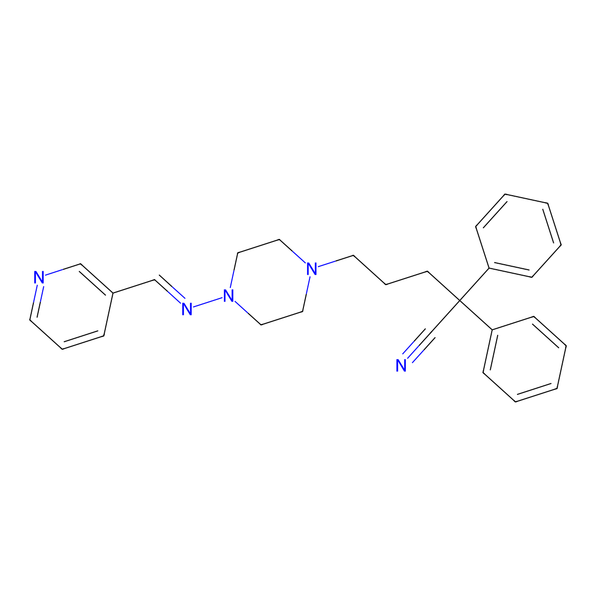 (E)-2,2-Diphenyl-5-(4-((pyridin-3-ylmethylene)amino)piperazin-1-yl)pentanenitrile molecular structure, CAS 218136-59-5