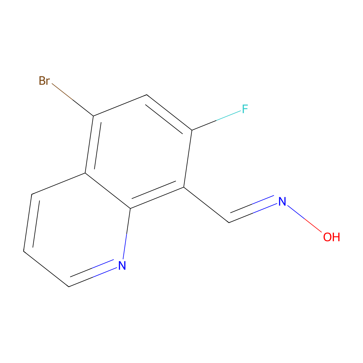 N-[(5-bromo-7-fluoroquinolin-8-yl)methylidene]hydroxylamine molecular structure, CAS 2181779-99-5