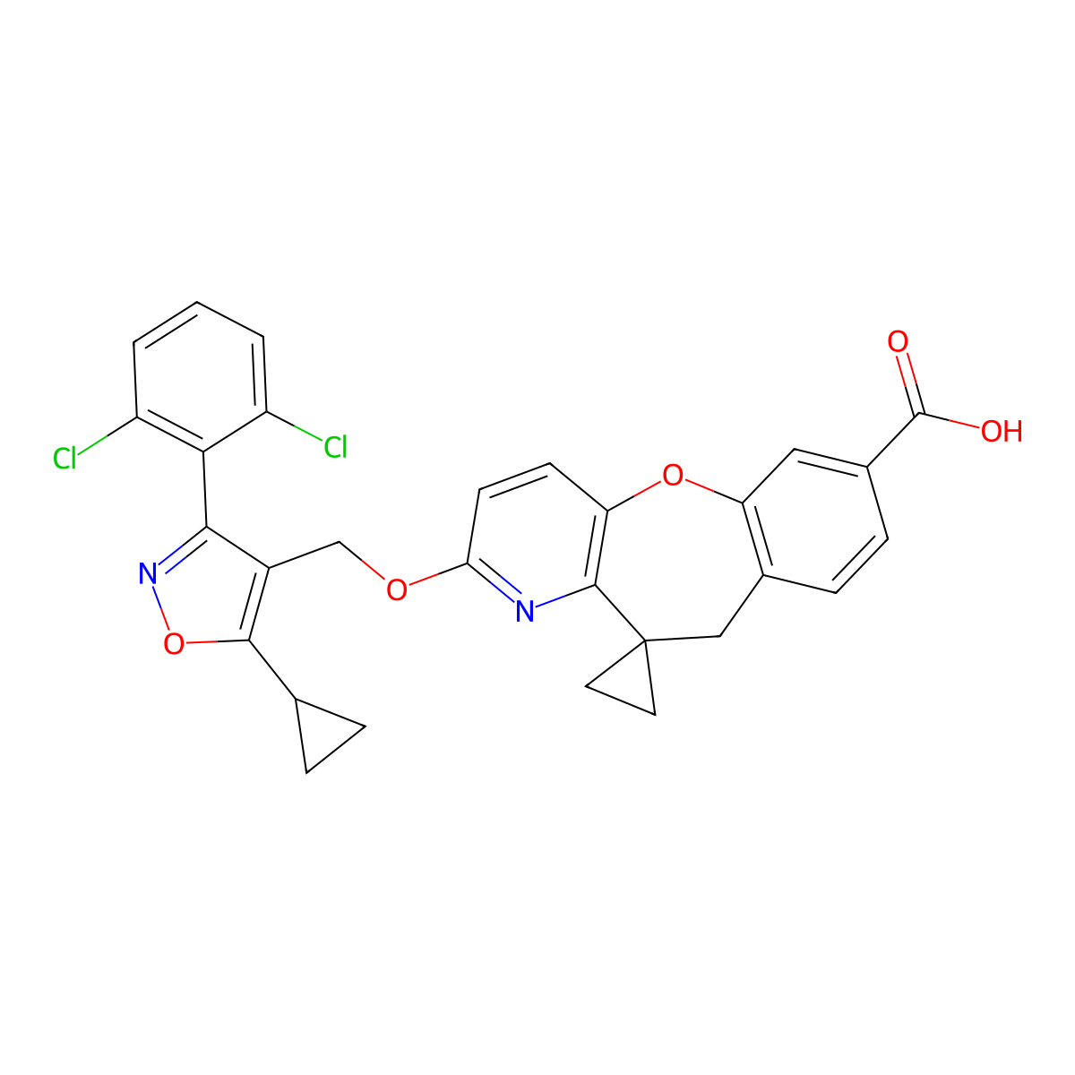 3-[[5-cyclopropyl-3-(2,6-dichlorophenyl)-1,2-oxazol-4-yl]methoxy]spiro[6H-[1]benzoxepino[3,2-b]pyridine-5,1'-cyclopropane]-9-carboxylic acid molecular structure, CAS 2181834-03-5