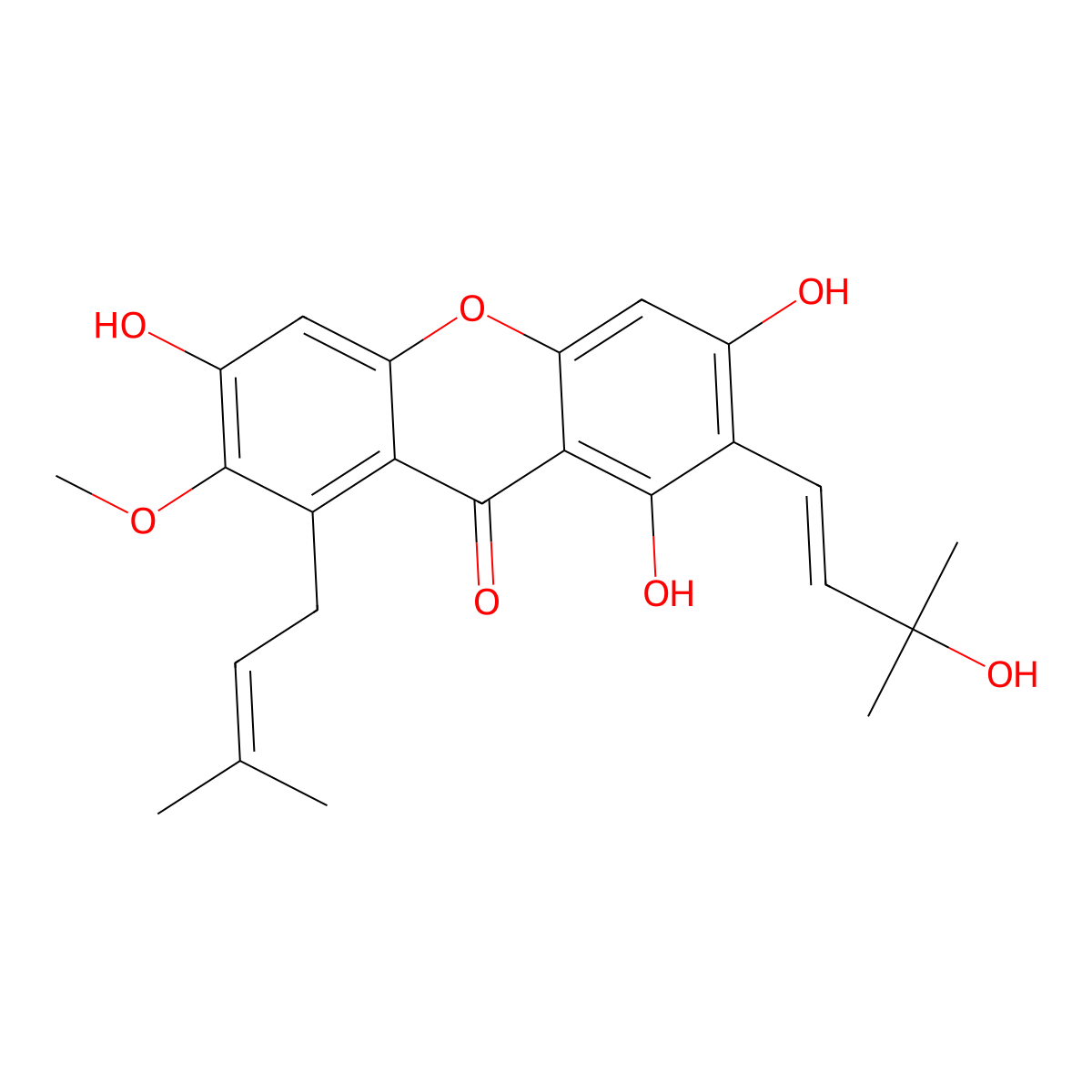 1,3,6-Trihydroxy-2-(3-hydroxy-3-methylbut-1-enyl)-7-methoxy-8-(3-methylbut-2-enyl)xanthen-9-one molecular structure, CAS 2182593-73-1
