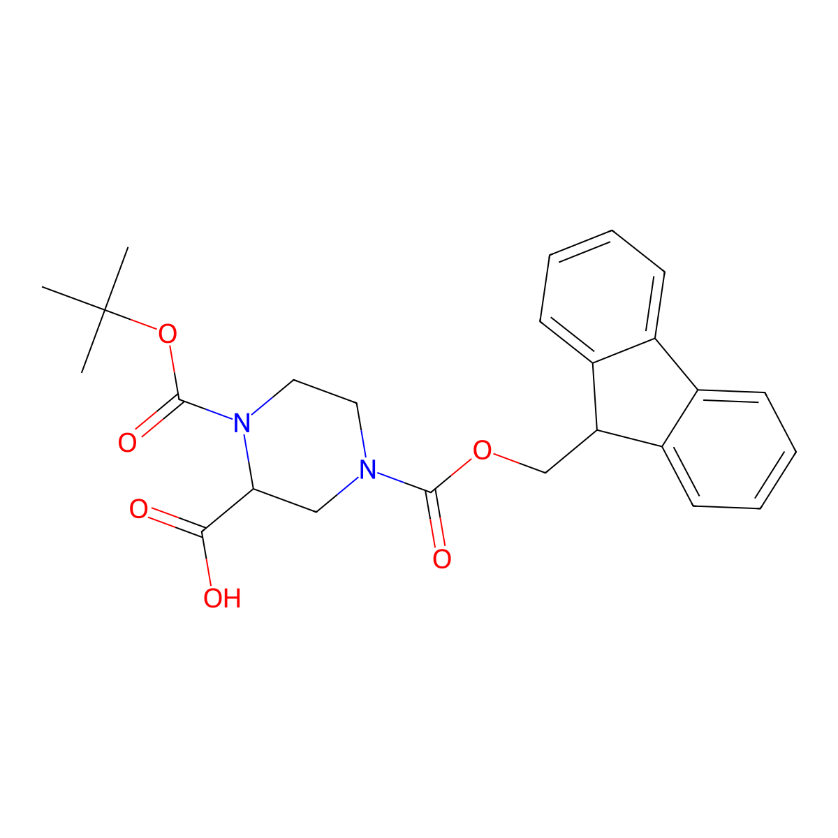 1-((tert-butoxy)carbonyl)-4-(((9H-fluoren-9-yl)methoxy)carbonyl)piperazine-2-carboxylic acid molecular structure, CAS 218278-58-1