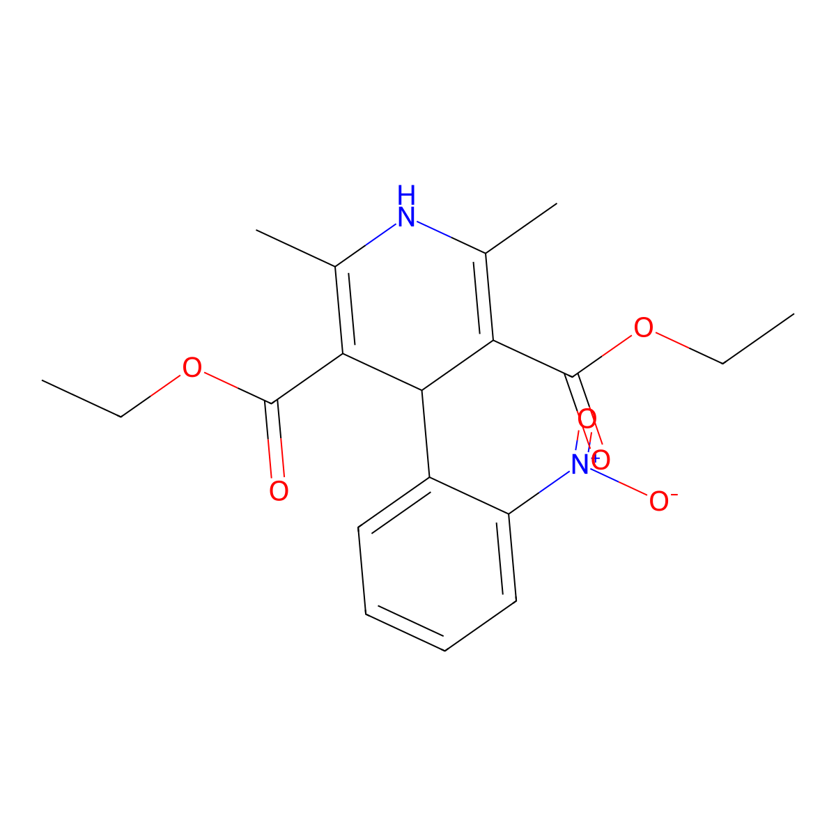 Diethyl 2,6-dimethyl-4-(2-nitrophenyl)-1,4-dihydropyridine-3,5-dicarboxylate molecular structure, CAS 21829-26-5