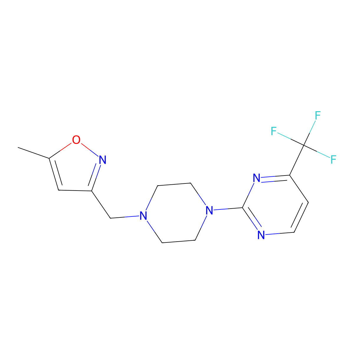 2-{4-[(5-Methyl-1,2-oxazol-3-yl)methyl]piperazin-1-yl}-4-(trifluoromethyl)pyrimidine molecular structure, CAS 2182986-01-0