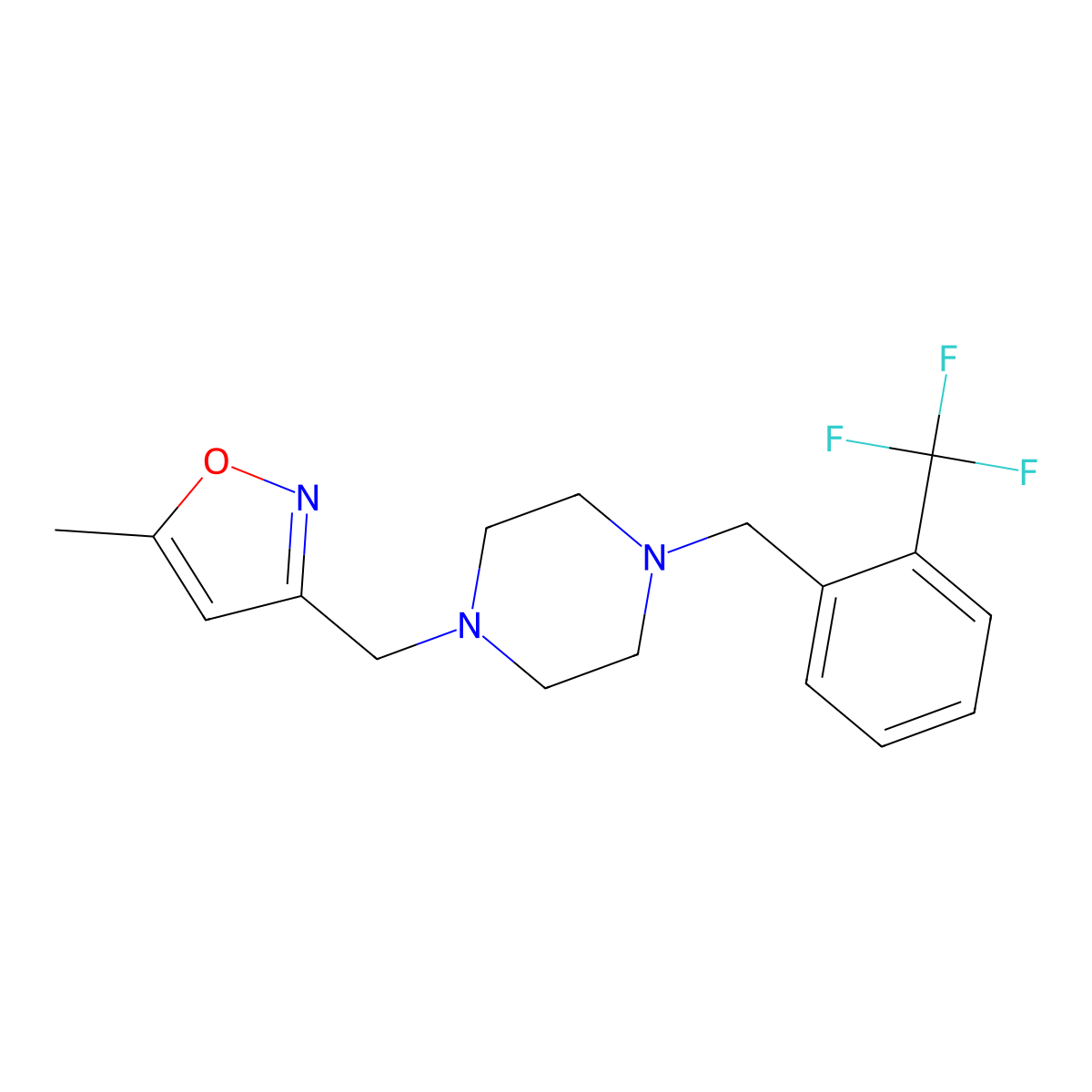 1-[(5-Methyl-1,2-oxazol-3-yl)methyl]-4-{[2-(trifluoromethyl)phenyl]methyl}piperazine molecular structure, CAS 2183136-25-4