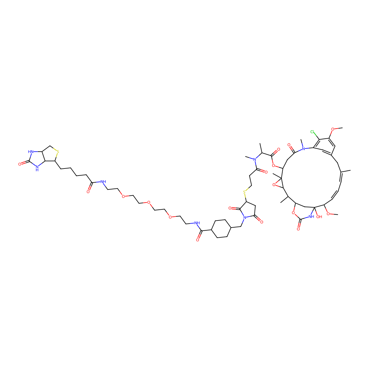 [(2R,3S,5R,6S,20R,21S)-11-chloro-21-hydroxy-12,20-dimethoxy-2,5,9,16-tetramethyl-8,23-dioxo-4,24-dioxa-9,22-diazatetracyclo[19.3.1.110,14.03,5]hexacosa-10,12,14(26),16,18-pentaen-6-yl] (2R)-2-[3-[1-[[4-[2-[2-[2-[2-[5-[(3aS,4S,6aR)-2-oxo-1,3,3a,4,6,6a-hexahydrothieno[3,4-d]imidazol-4-yl]pentanoylamino]ethoxy]ethoxy]ethoxy]ethylcarbamoyl]cyclohexyl]methyl]-2,5-dioxopyrrolidin-3-yl]sulfanylpropanoyl-methylamino]propanoate molecular structure, CAS 2183472-94-6