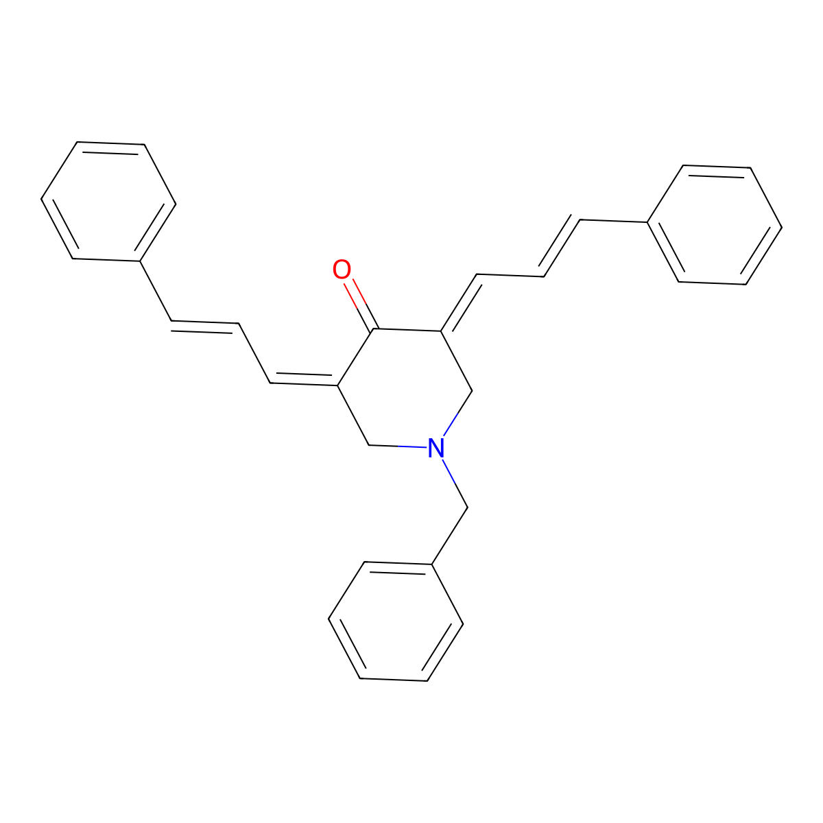 1-Benzyl-3,5-bis(3-phenylprop-2-en-1-ylidene)piperidin-4-one molecular structure, CAS 2185-43-5