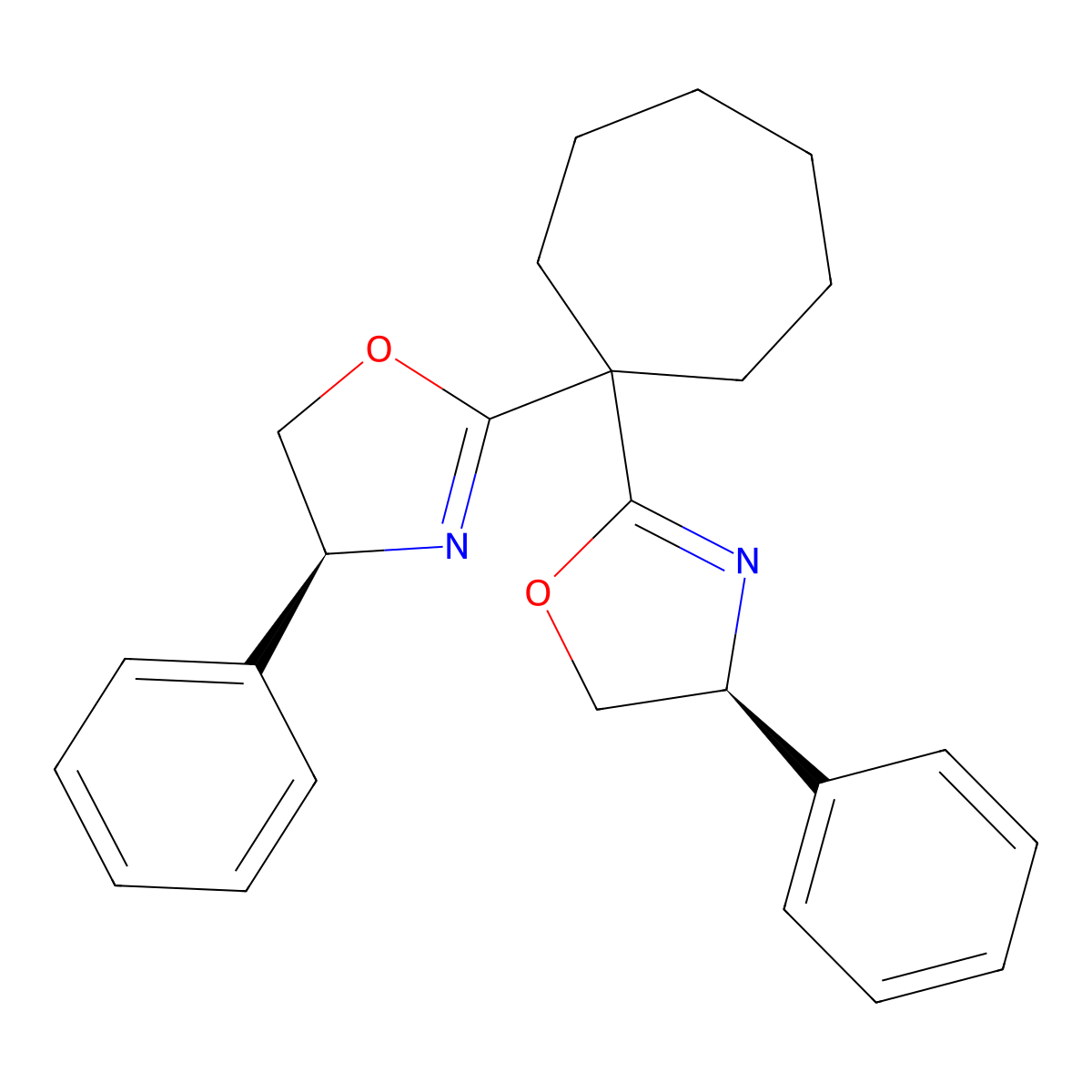 (4S,4'S)-2,2'-(Cycloheptane-1,1-diyl)bis(4-phenyl-4,5-dihydrooxazole) molecular structure, CAS 2185014-90-6