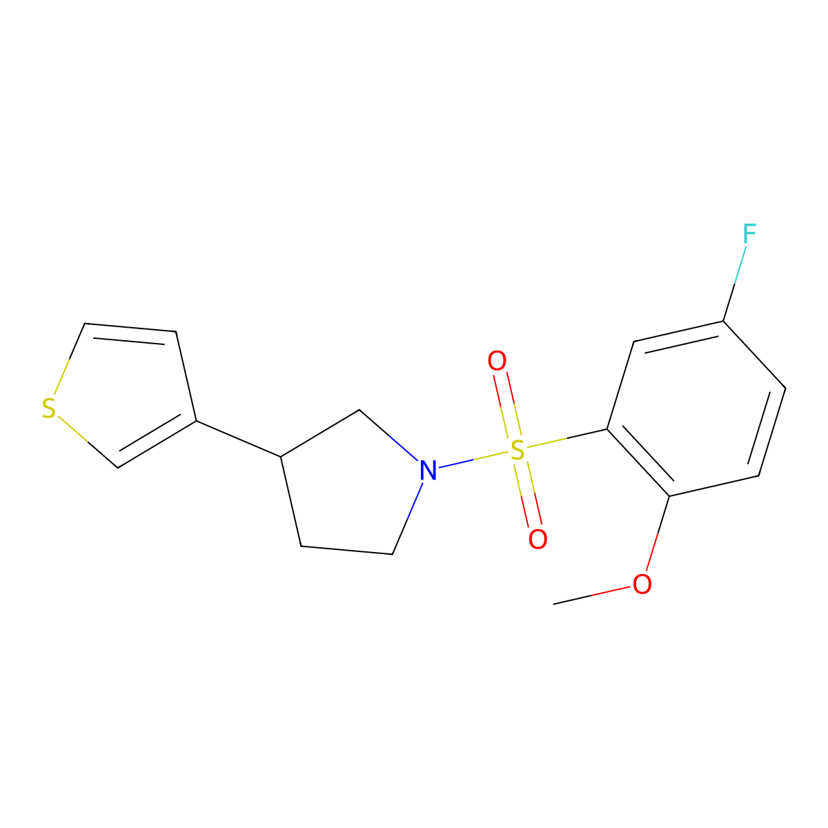 1-((5-Fluoro-2-methoxyphenyl)sulfonyl)-3-(thiophen-3-yl)pyrrolidine molecular structure, CAS 2185589-54-0