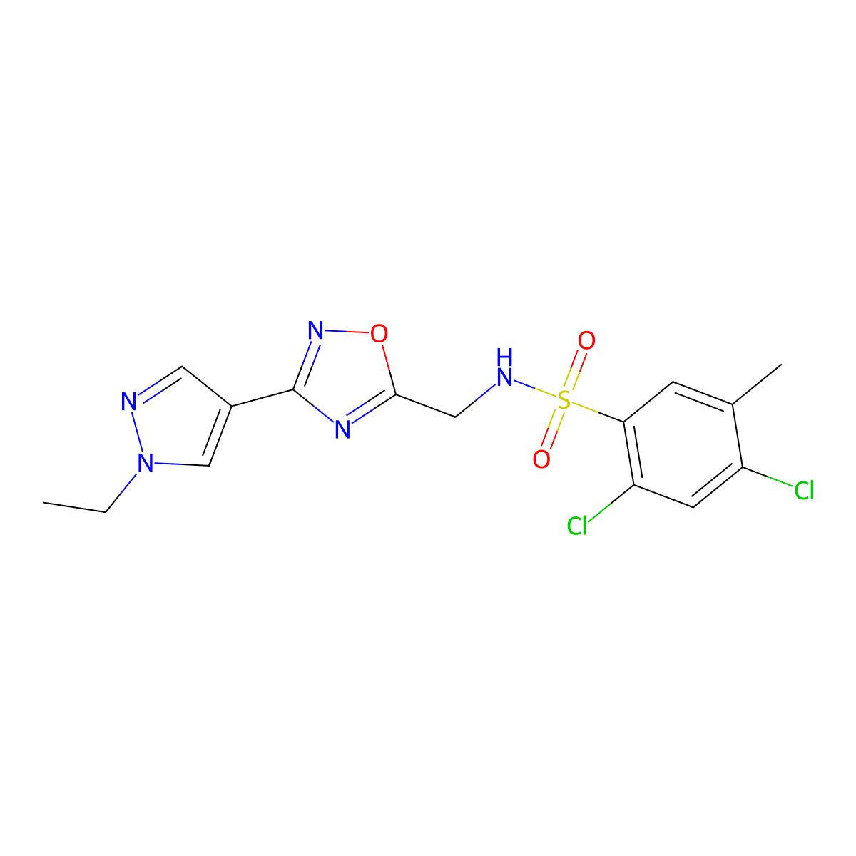 2,4-dichloro-N-((3-(1-ethyl-1H-pyrazol-4-yl)-1,2,4-oxadiazol-5-yl)methyl)-5-methylbenzenesulfonamide molecular structure, CAS 2185590-22-9