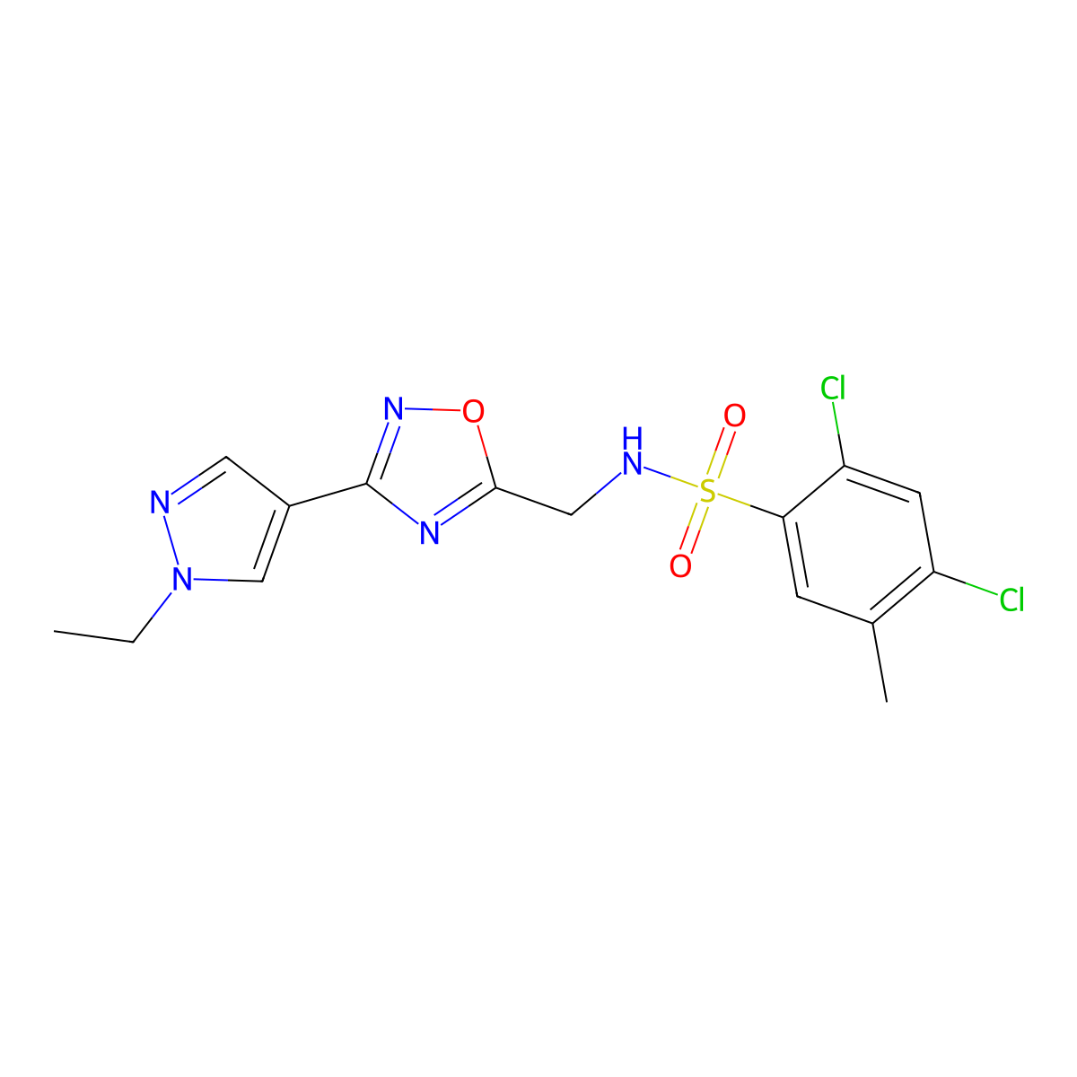 2,4-dichloro-N-((3-(1-ethyl-1H-pyrazol-4-yl)-1,2,4-oxadiazol-5-yl)methyl)-5-methylbenzenesulfonamide molecular structure, CAS 2185590-22-9