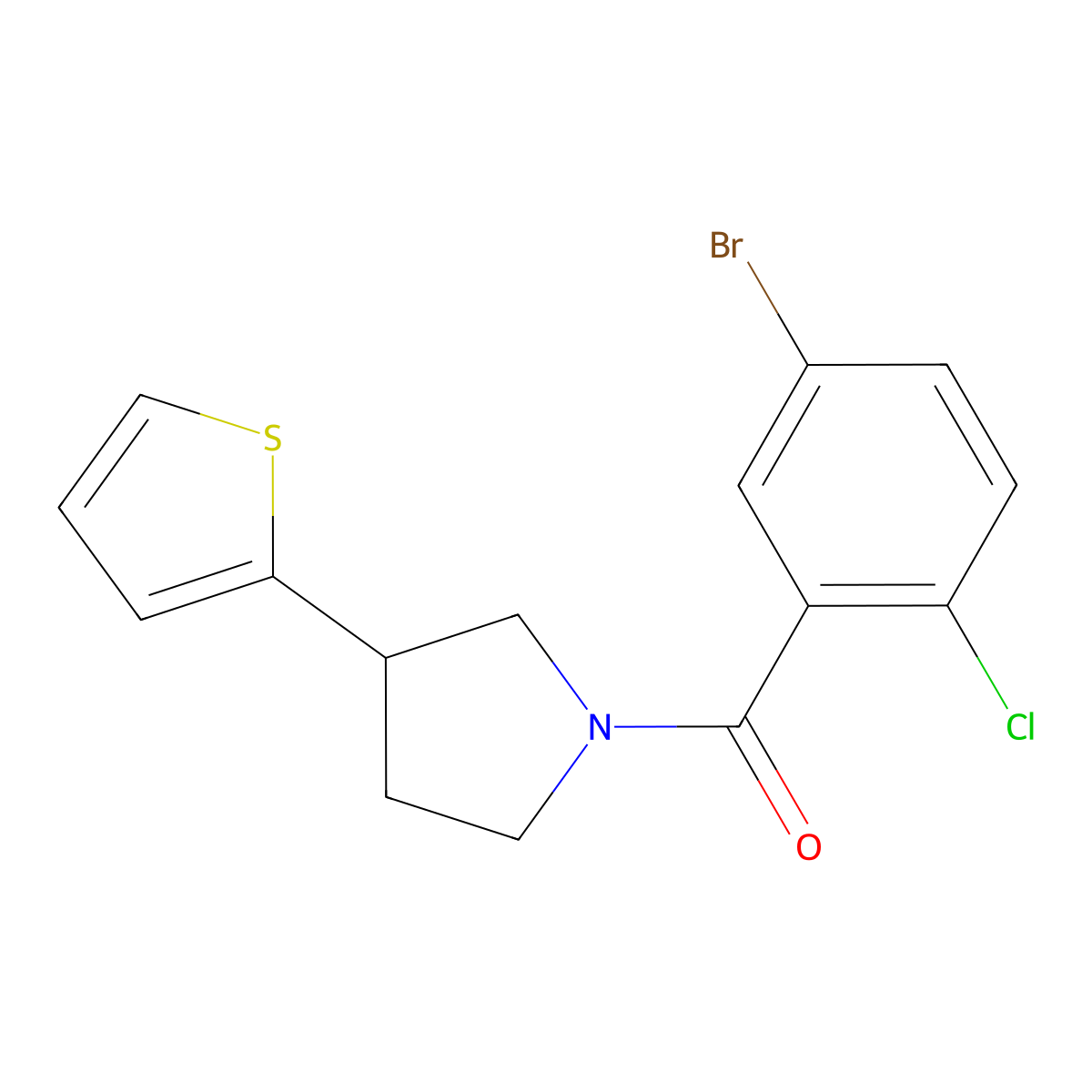 (5-Bromo-2-chlorophenyl)(3-(thiophen-2-yl)pyrrolidin-1-yl)methanone molecular structure, CAS 2185590-29-6