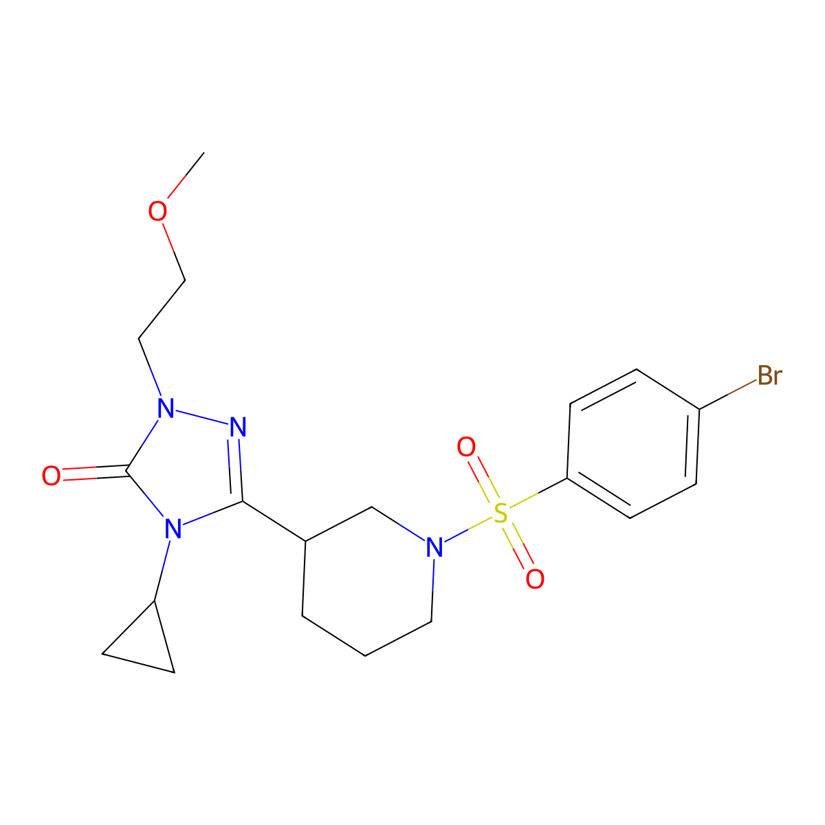 3-(1-((4-bromophenyl)sulfonyl)piperidin-3-yl)-4-cyclopropyl-1-(2-methoxyethyl)-1H-1,2,4-triazol-5(4H)-one molecular structure, CAS 2185590-38-7