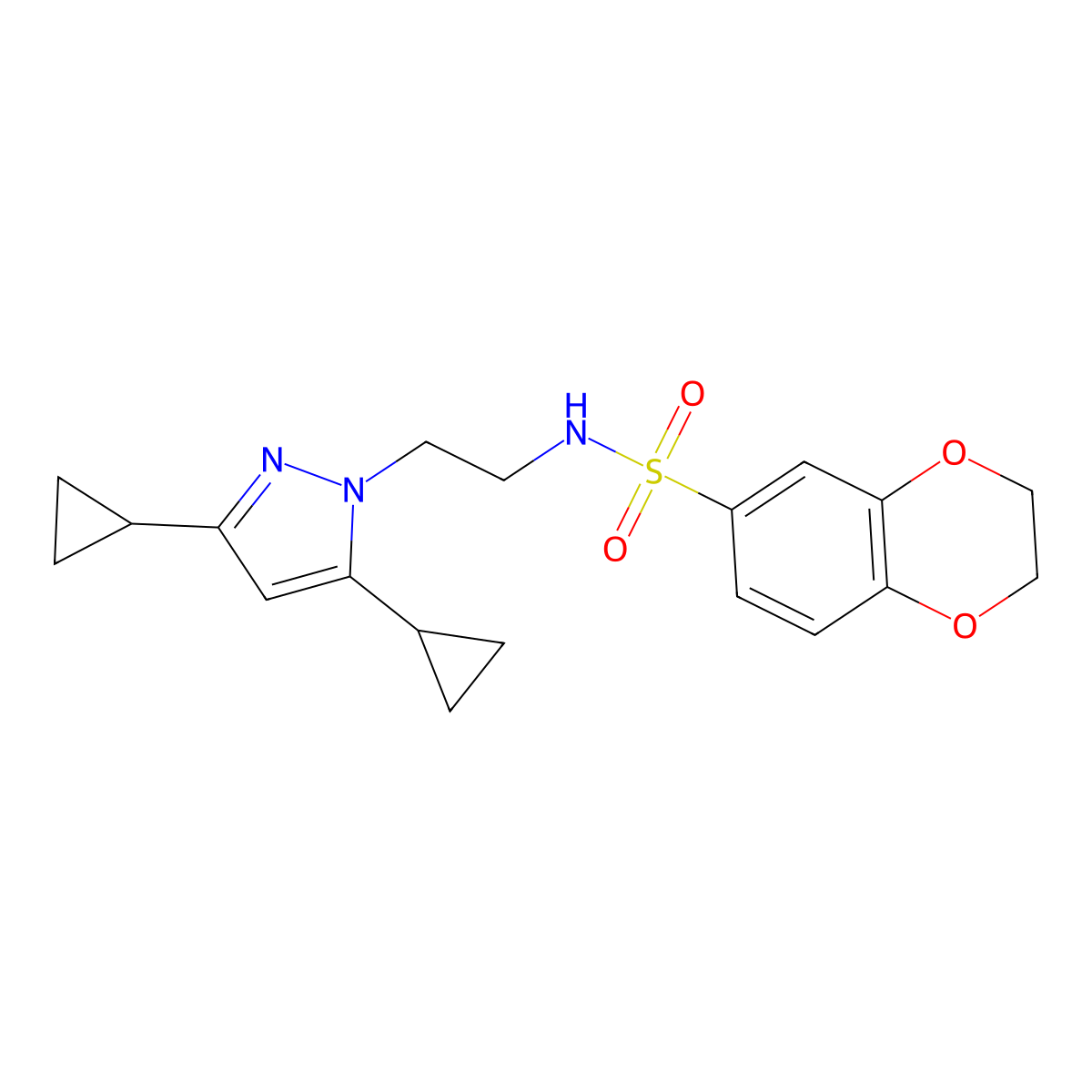 N-(2-(3,5-dicyclopropyl-1H-pyrazol-1-yl)ethyl)-2,3-dihydrobenzo[b][1,4]dioxine-6-sulfonamide molecular structure, CAS 2185590-45-6
