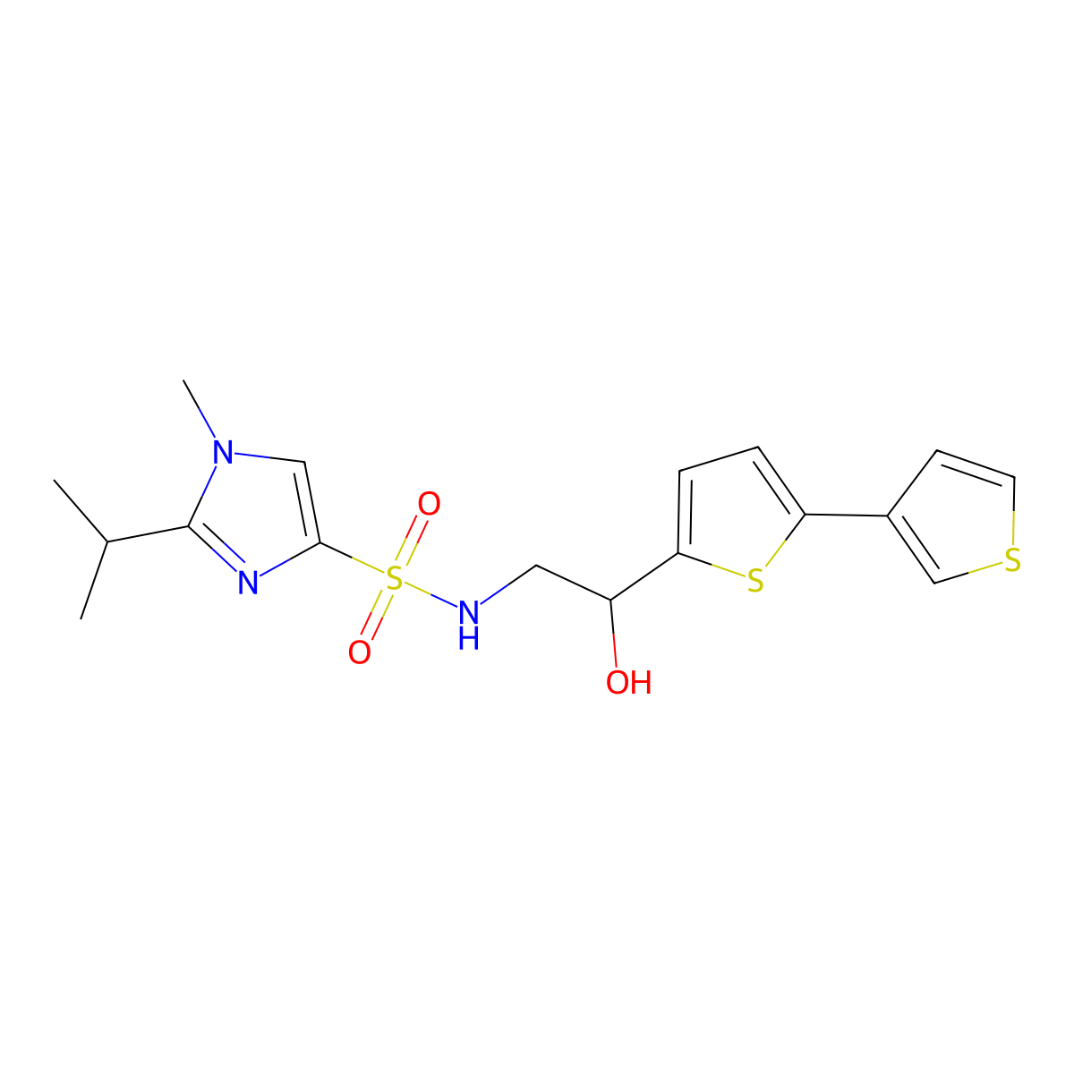 N-(2-([2,3'-bithiophen]-5-yl)-2-hydroxyethyl)-2-isopropyl-1-methyl-1H-imidazole-4-sulfonamide molecular structure, CAS 2185590-58-1