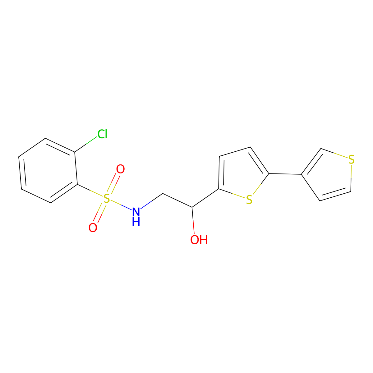 N-(2-{[2,3'-bithiophene]-5-yl}-2-hydroxyethyl)-2-chlorobenzene-1-sulfonamide molecular structure, CAS 2185590-66-1