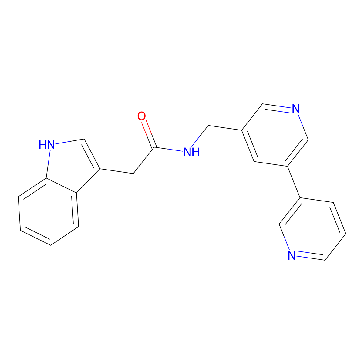 N-([3,3'-bipyridin]-5-ylmethyl)-2-(1H-indol-3-yl)acetamide molecular structure, CAS 2185590-78-5