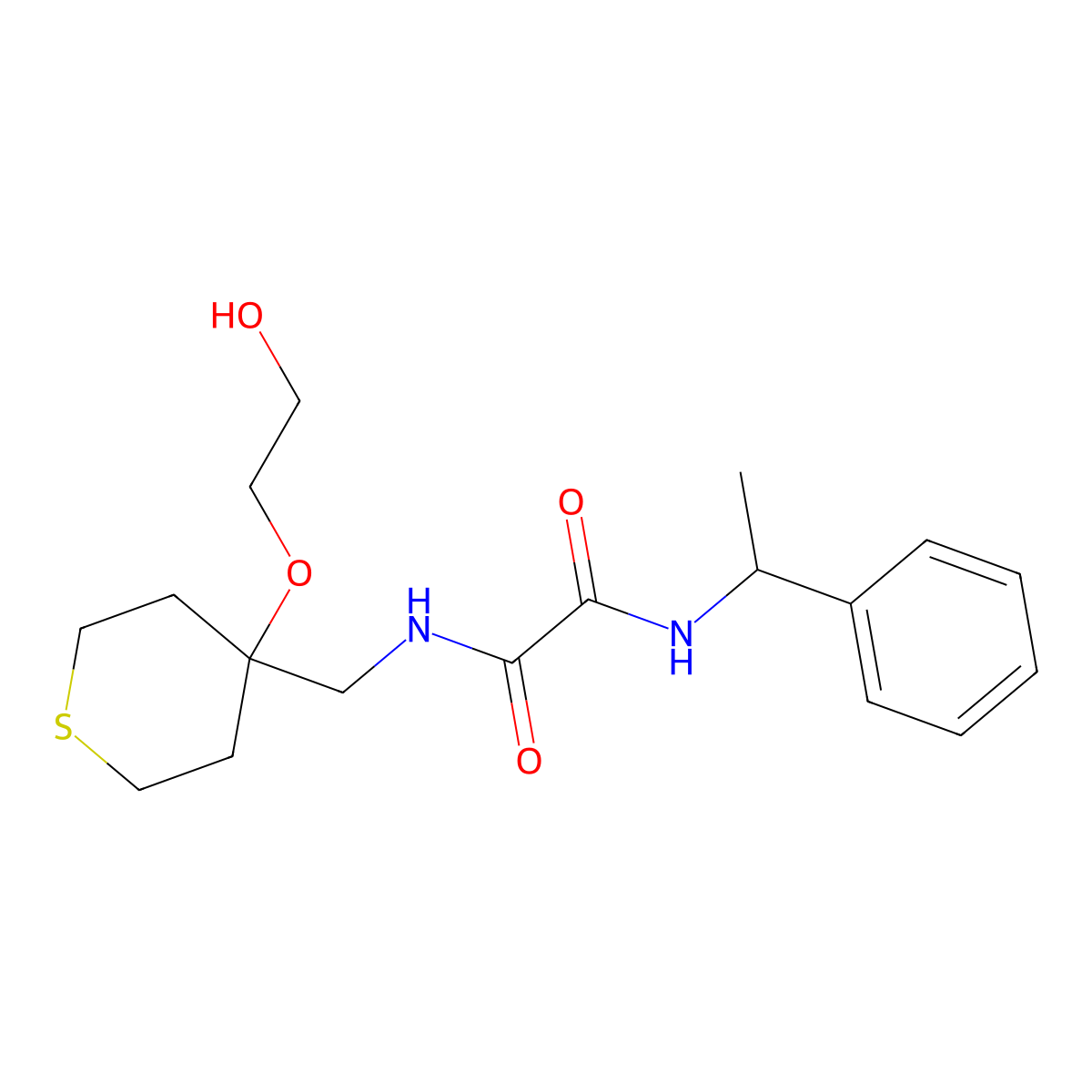 N-{[4-(2-hydroxyethoxy)thian-4-yl]methyl}-N'-(1-phenylethyl)ethanediamide molecular structure, CAS 2185590-82-1