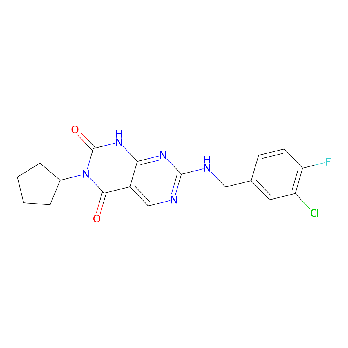 7-((3-chloro-4-fluorobenzyl)amino)-3-cyclopentylpyrimido[4,5-d]pyrimidine-2,4(1H,3H)-dione molecular structure, CAS 2185590-99-0