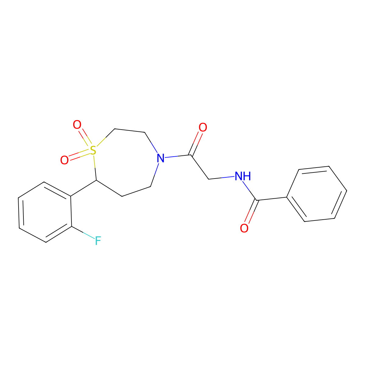 N-(2-(7-(2-fluorophenyl)-1,1-dioxido-1,4-thiazepan-4-yl)-2-oxoethyl)benzamide molecular structure, CAS 2185591-01-7