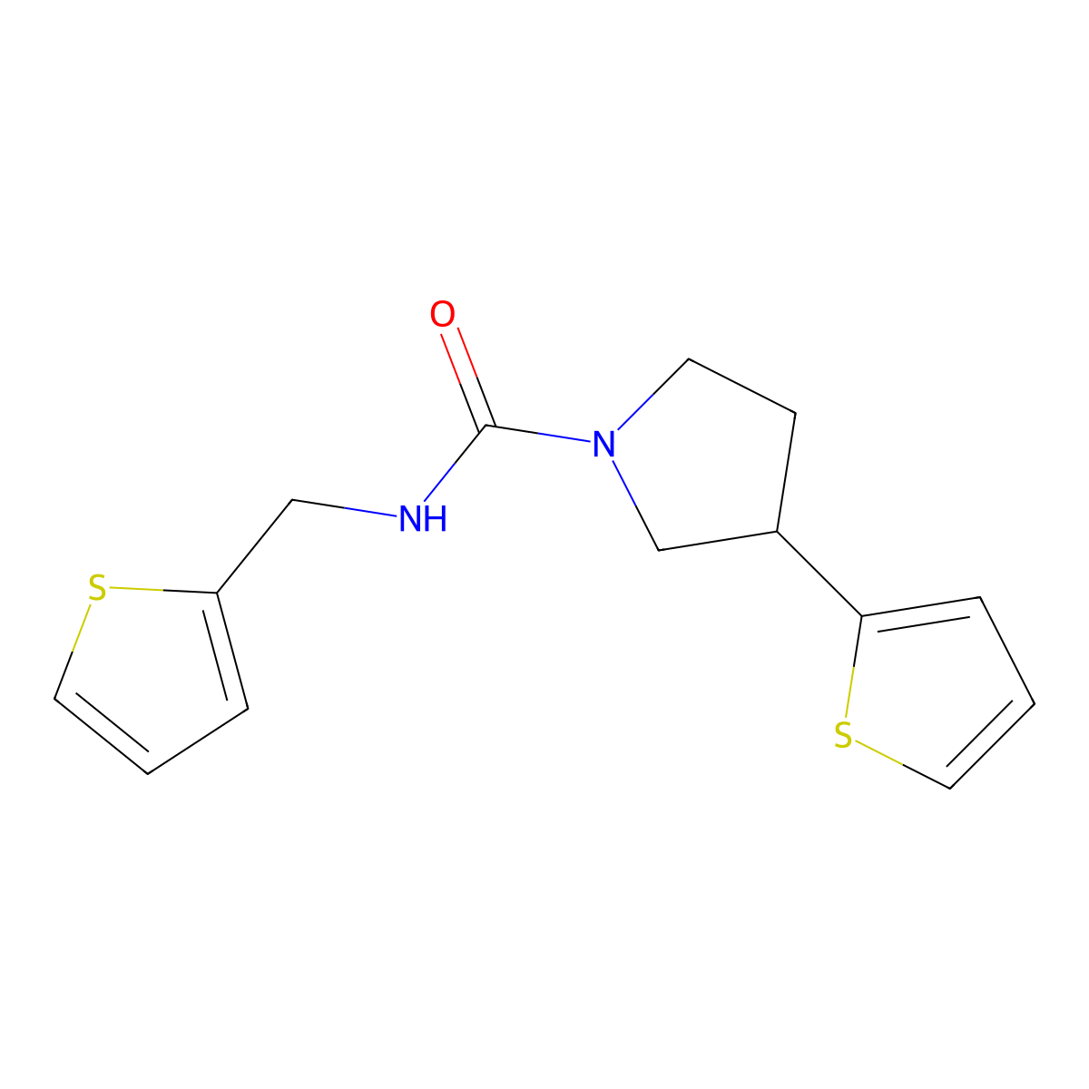 3-(thiophen-2-yl)-N-(thiophen-2-ylmethyl)pyrrolidine-1-carboxamide molecular structure, CAS 2185591-11-9