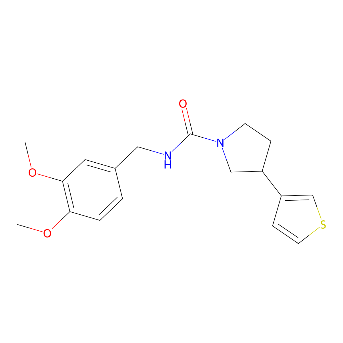 N-(3,4-dimethoxybenzyl)-3-(thiophen-3-yl)pyrrolidine-1-carboxamide molecular structure, CAS 2185591-13-1
