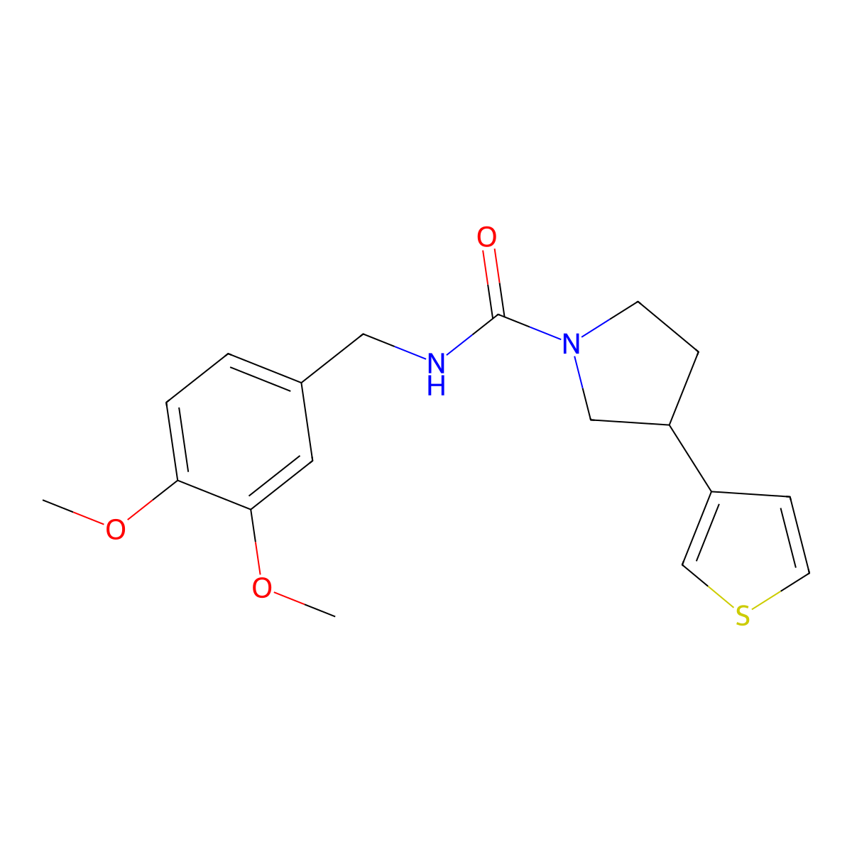 N-(3,4-dimethoxybenzyl)-3-(thiophen-3-yl)pyrrolidine-1-carboxamide molecular structure, CAS 2185591-13-1