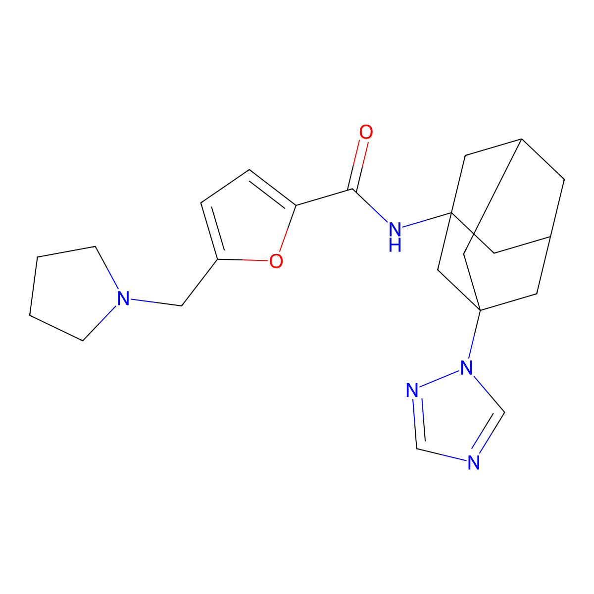 5-(pyrrolidin-1-ylmethyl)-N-[3-(1,2,4-triazol-1-yl)-1-adamantyl]furan-2-carboxamide molecular structure, CAS 2185678-20-8