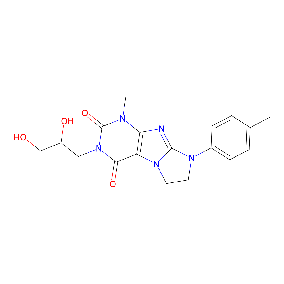 3-(2,3-dihydroxypropyl)-1-methyl-8-(p-tolyl)-7,8-dihydro-1H-imidazo[2,1-f]purine-2,4(3H,6H)-dione molecular structure, CAS 2185684-78-8