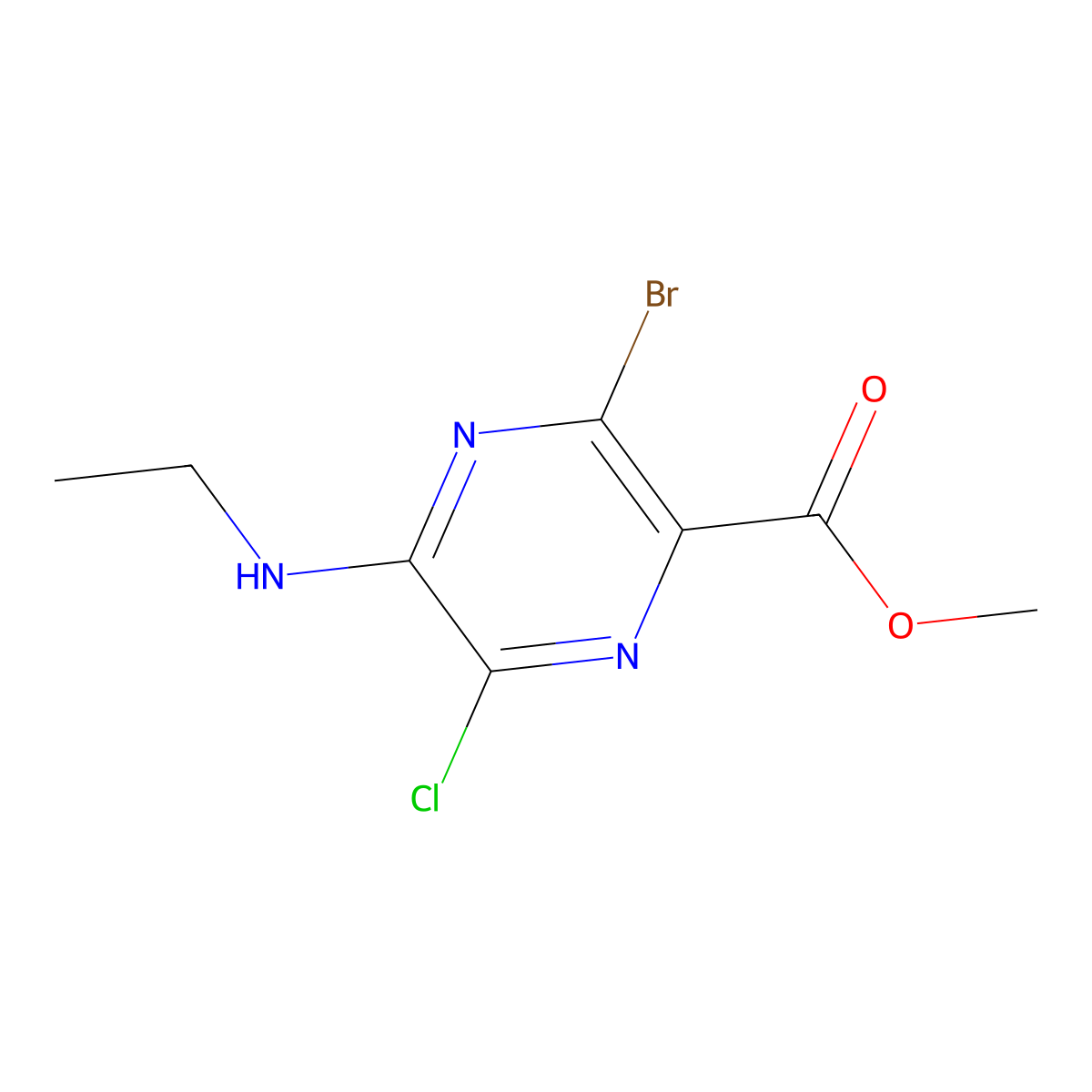 Methyl 3-bromo-6-chloro-5-(ethylamino)pyrazine-2-carboxylate molecular structure, CAS 21874-51-1