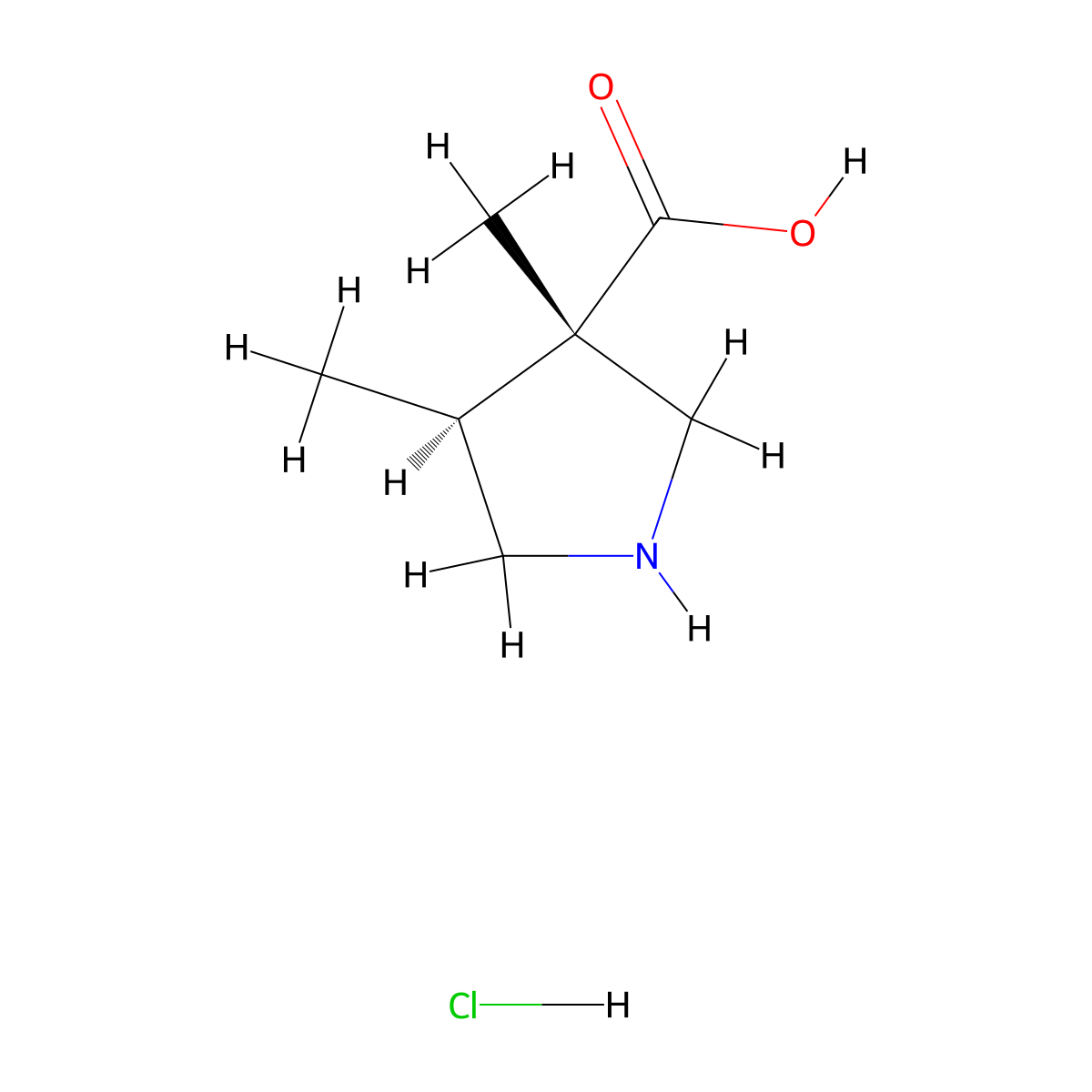 3,4-Dimethylpyrrolidine-3-carboxylic acid hydrochloride, trans molecular structure, CAS 2187426-41-9