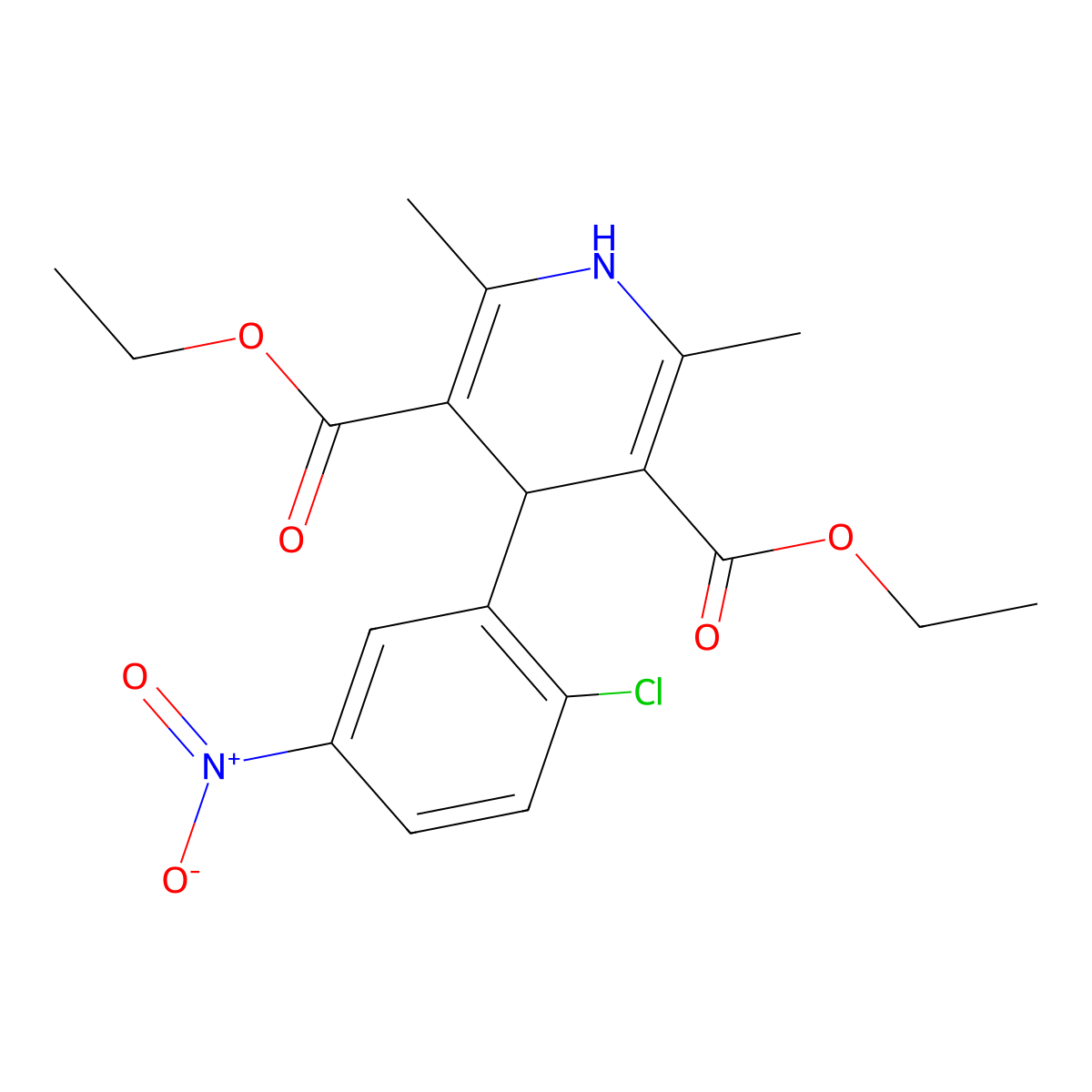Diethyl 4-(2-chloro-5-nitrophenyl)-2,6-dimethyl-1,4-dihydropyridine-3,5-dicarboxylate molecular structure, CAS 21881-53-8